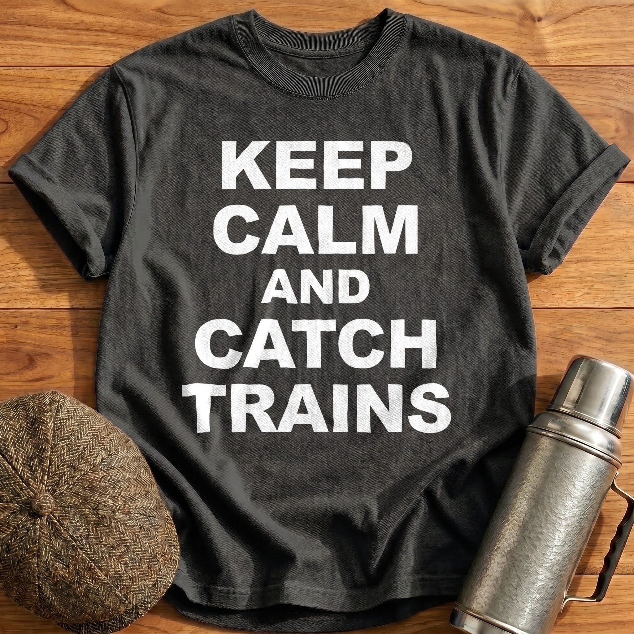 Keep Calm And Catch Trains T-Shirt - Charcoal