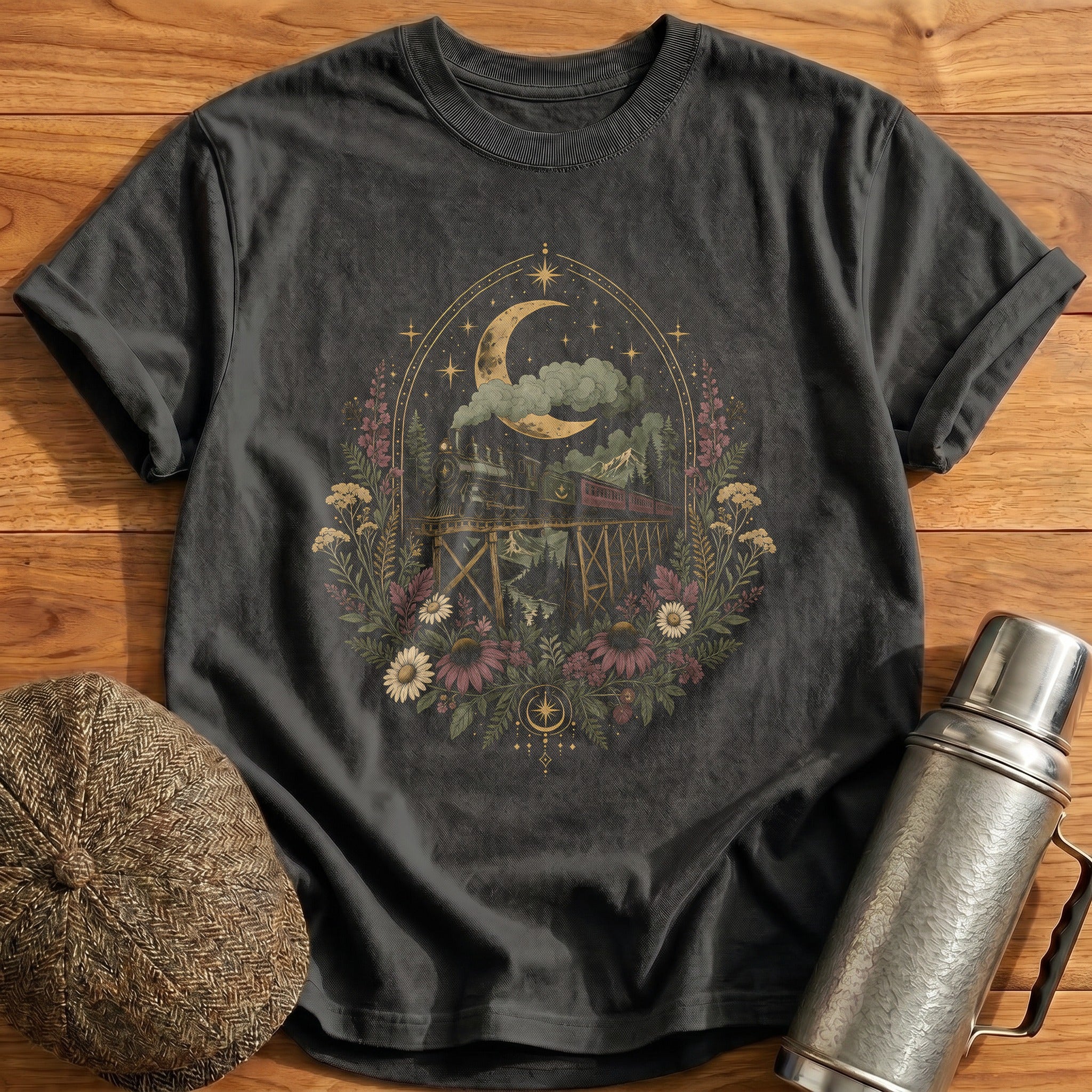 Midnight Steam Train Moon Night Vintage - Charcoal