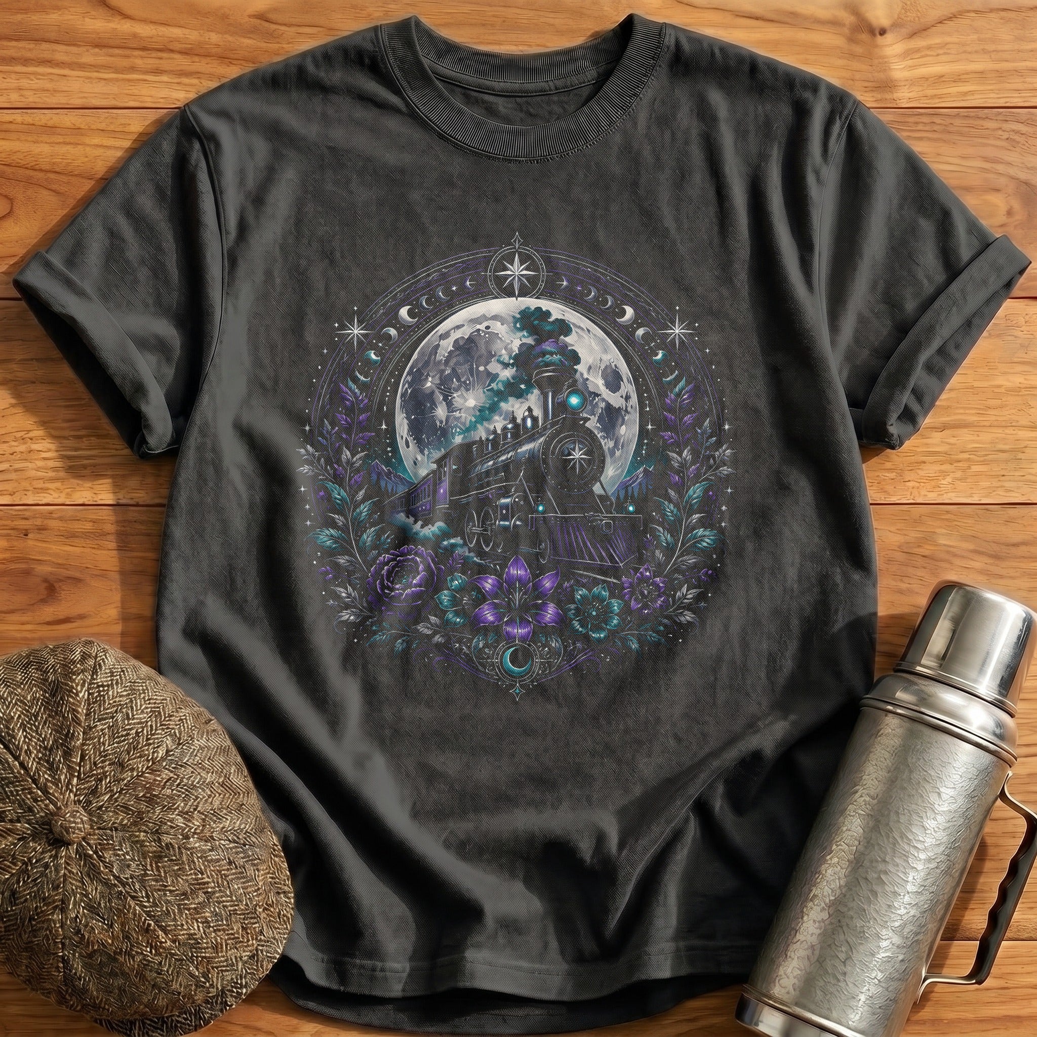 Moonlight Steam Train Floral Train Spotter Vintage - Charcoal
