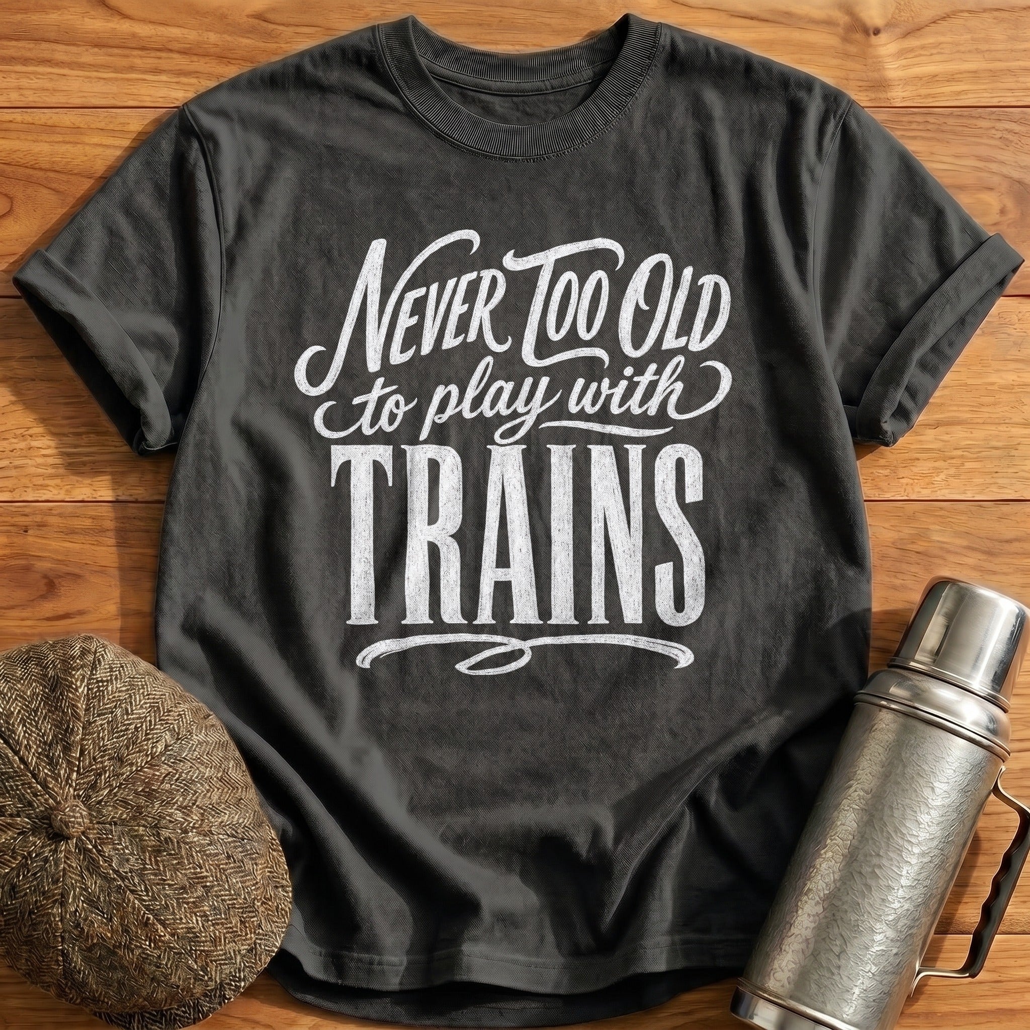 Never Too Old To Play With Trains Script 1 T-Shirt - Charcoal