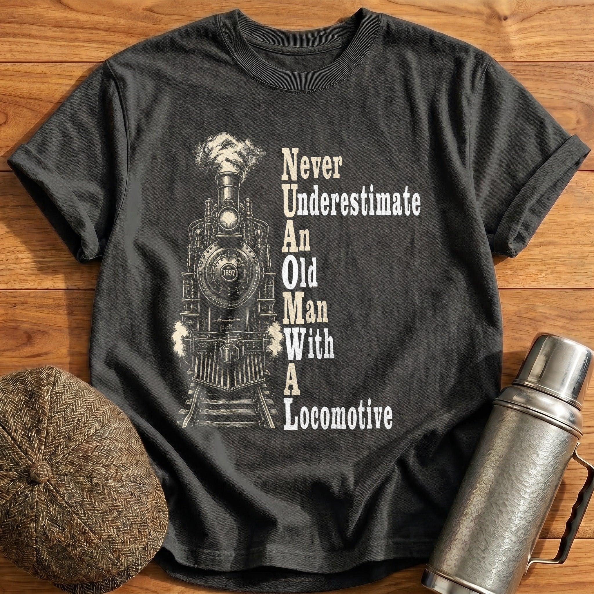Never Underestimate An Old Man With A Locomotive T-Shirt - Charcoal