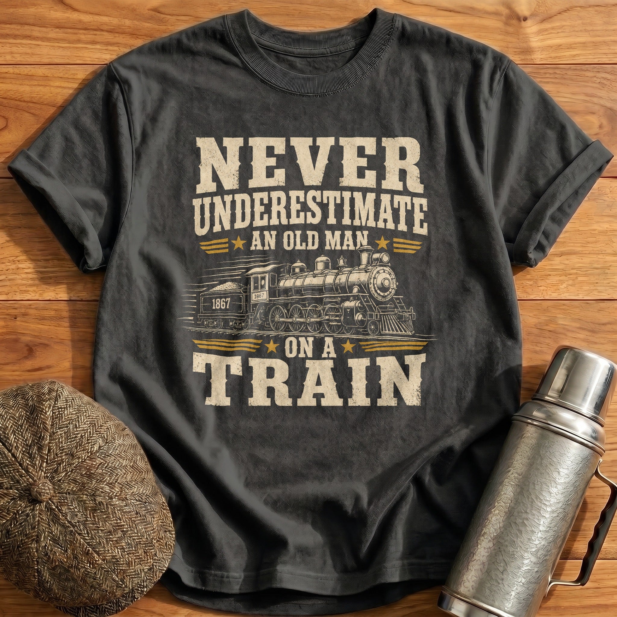 Never Underestimate Old Man On A Train T-Shirt - Charcoal