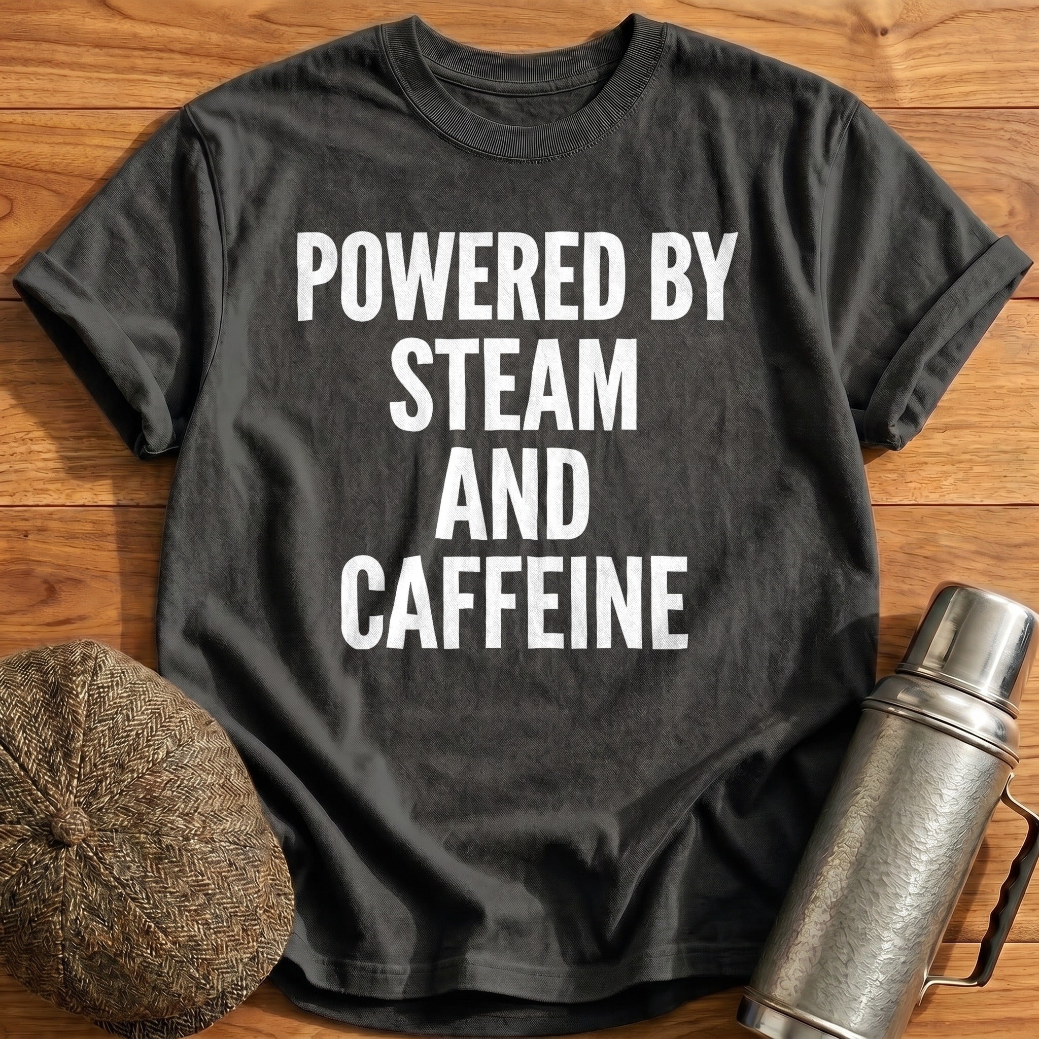 Powered By Steam And Caffeine T-Shirt - Charcoal
