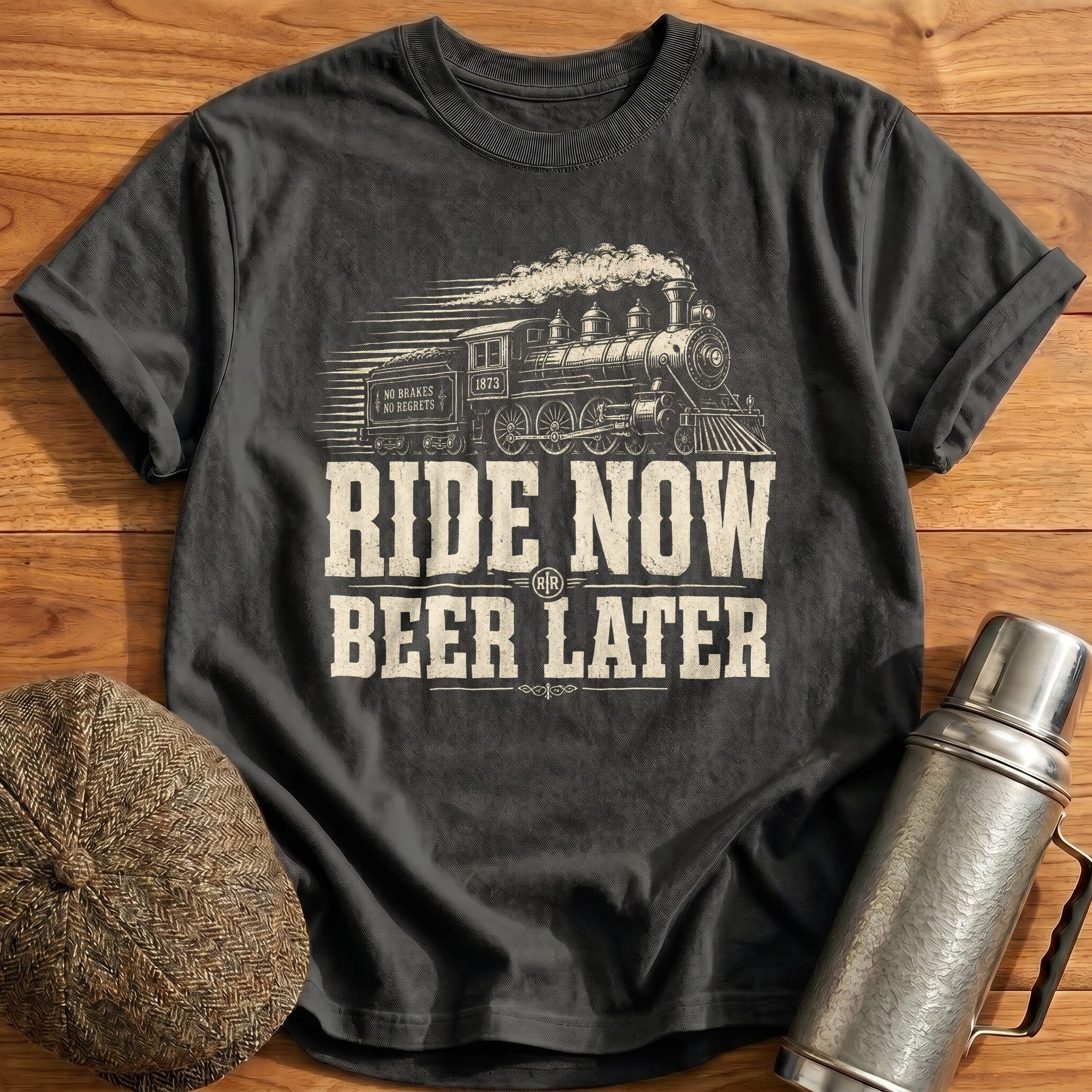 Ride Now Beer Later Train T-Shirt - Charcoal