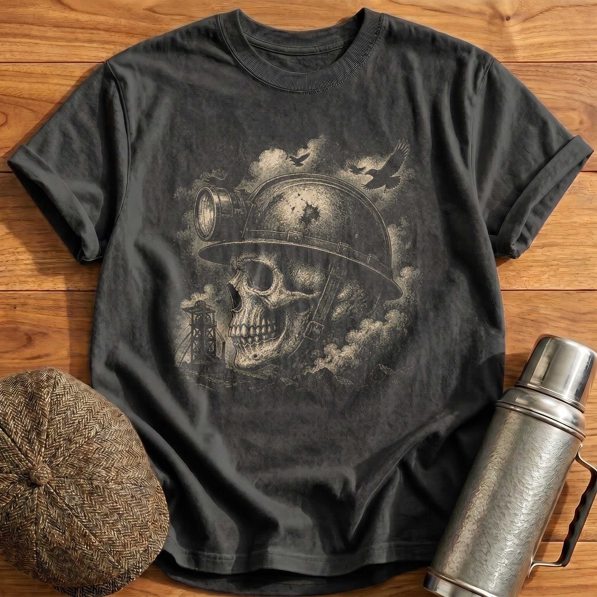 Skull Wearing Industrial Coal Miner Train Worker Helmet Side Profile T-Shirt - Charcoal