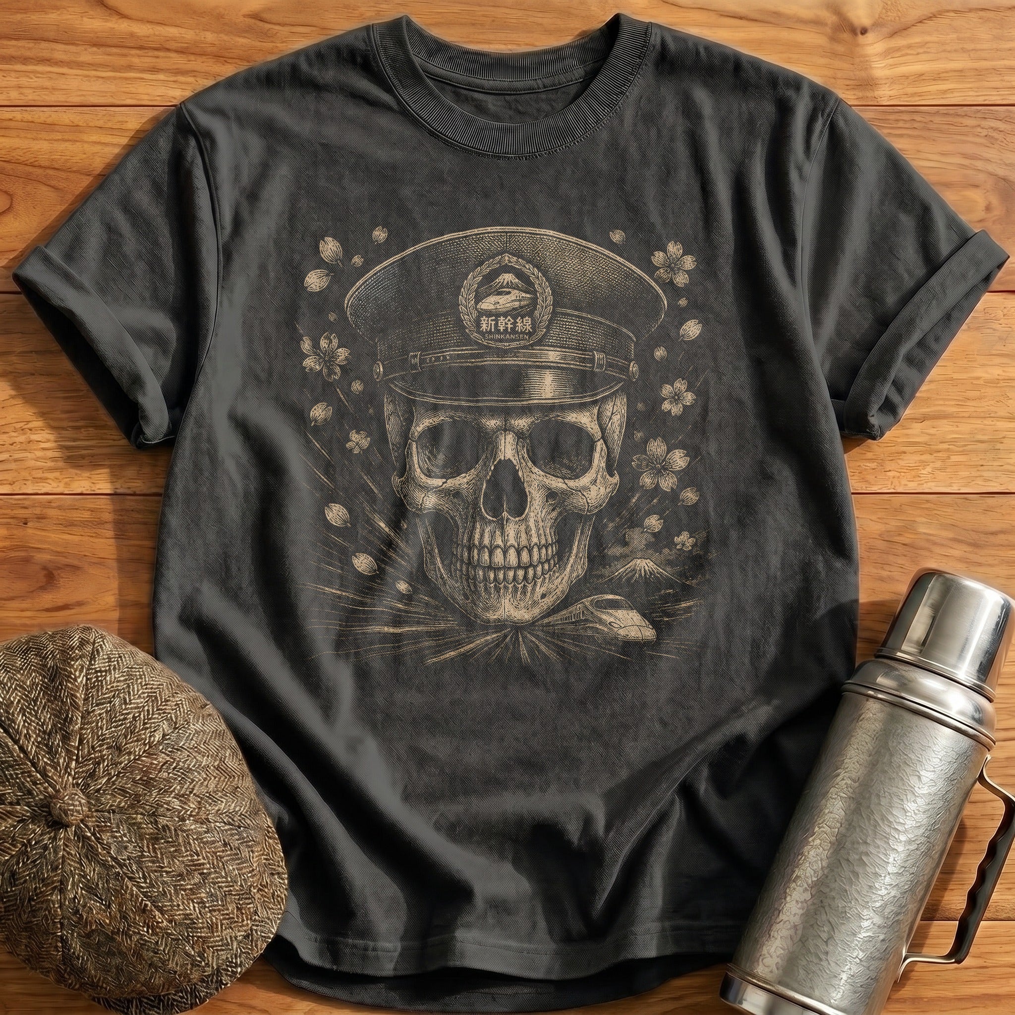 Skull Wearing Japanese Shinkansen Driver Cap Forward T-Shirt - Charcoal