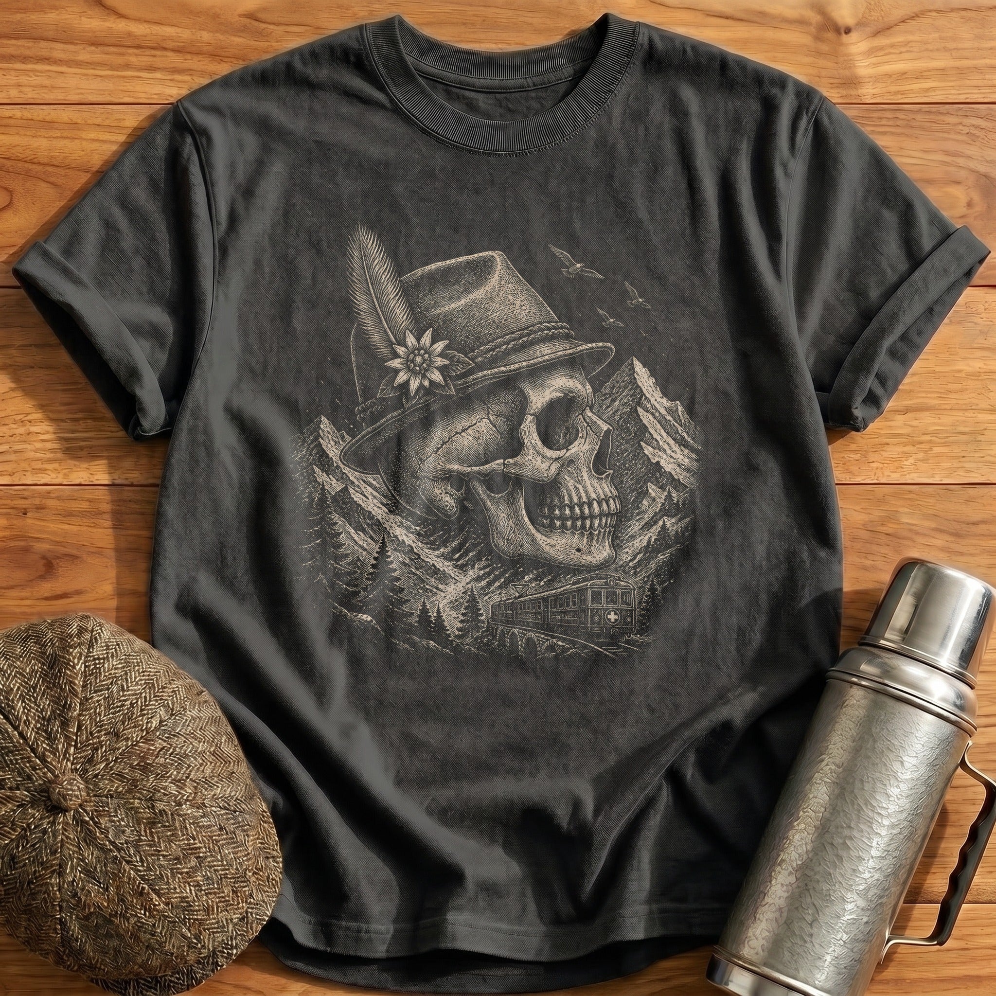 Skull Wearing Swiss Mountain Railway Tyrolean Hat Side Profile T-Shirt - Charcoal