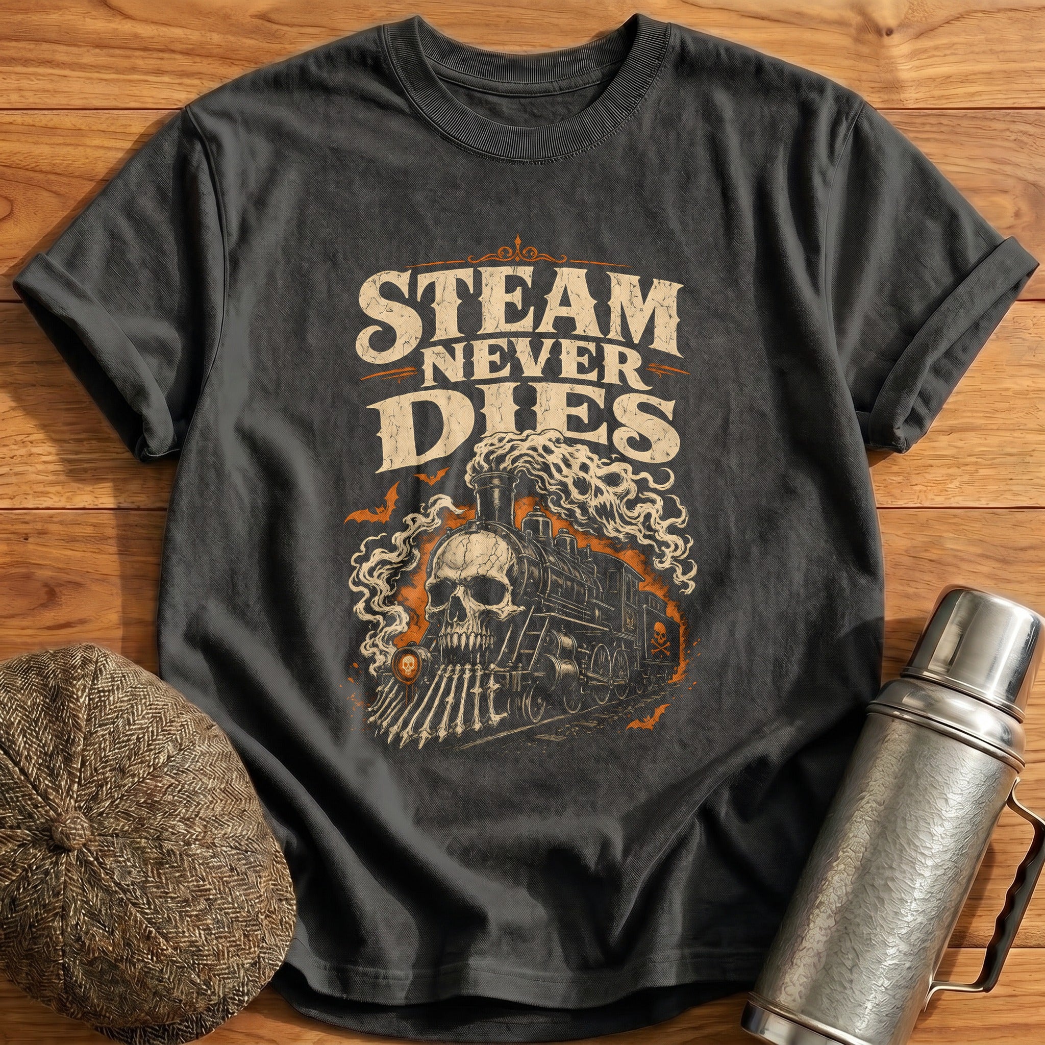 Steam Never Dies Locomotive T-Shirt - Charcoal