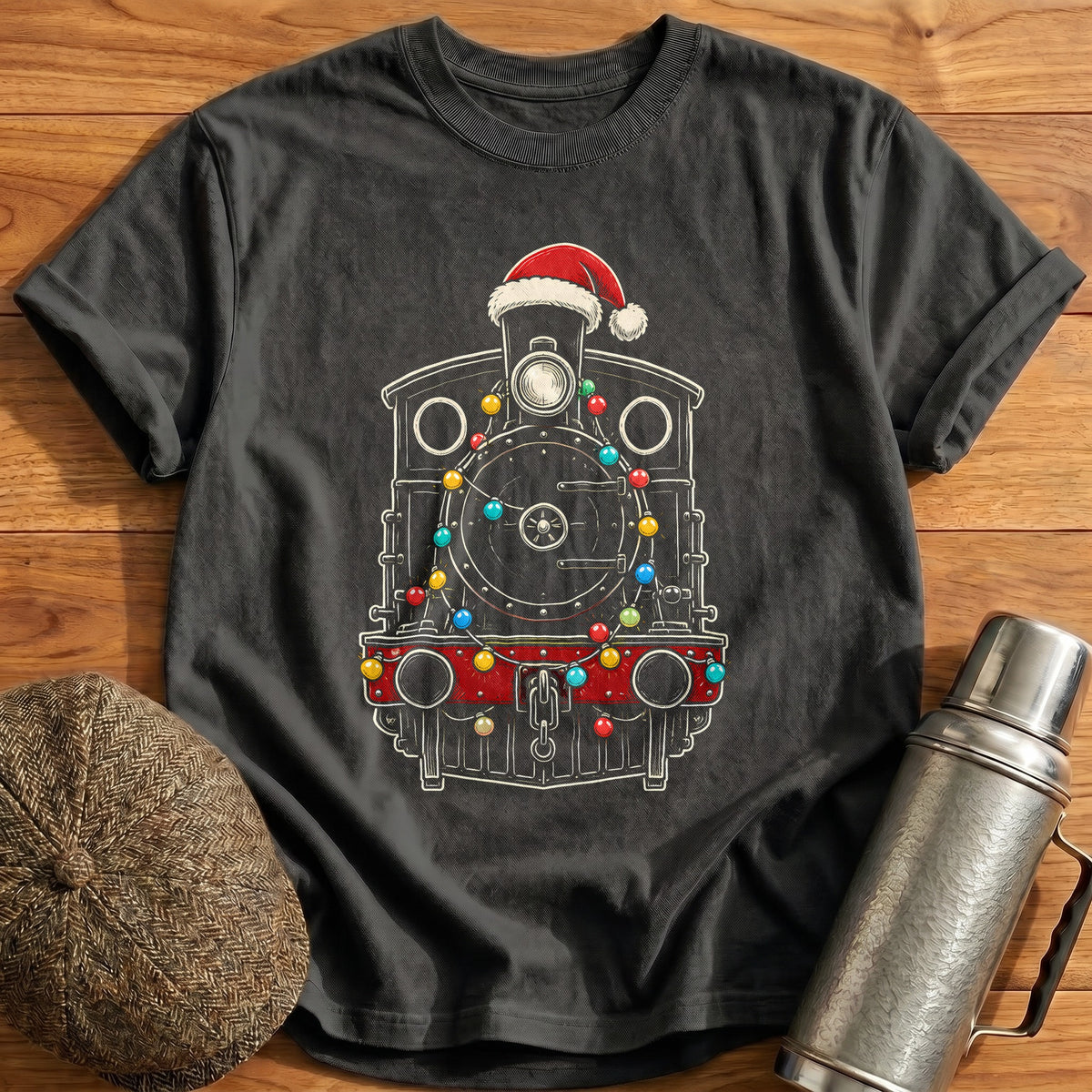 Steam Tank Engine Christmas Lights 68 T-Shirt - Charcoal