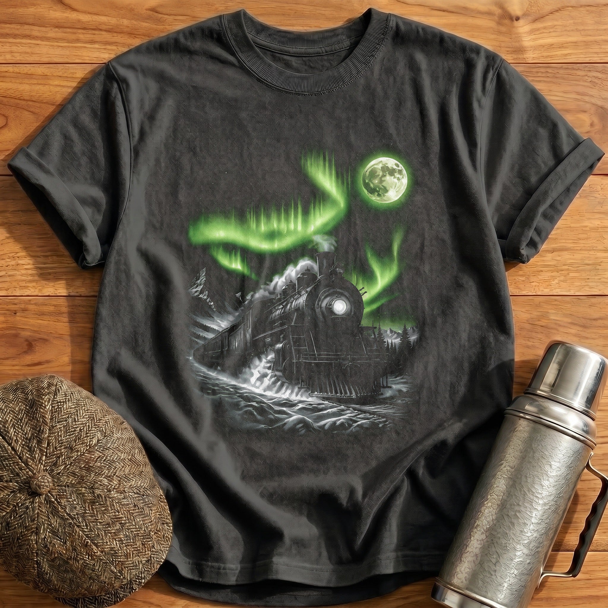 Steam Train Aurora Night Sky - Charcoal