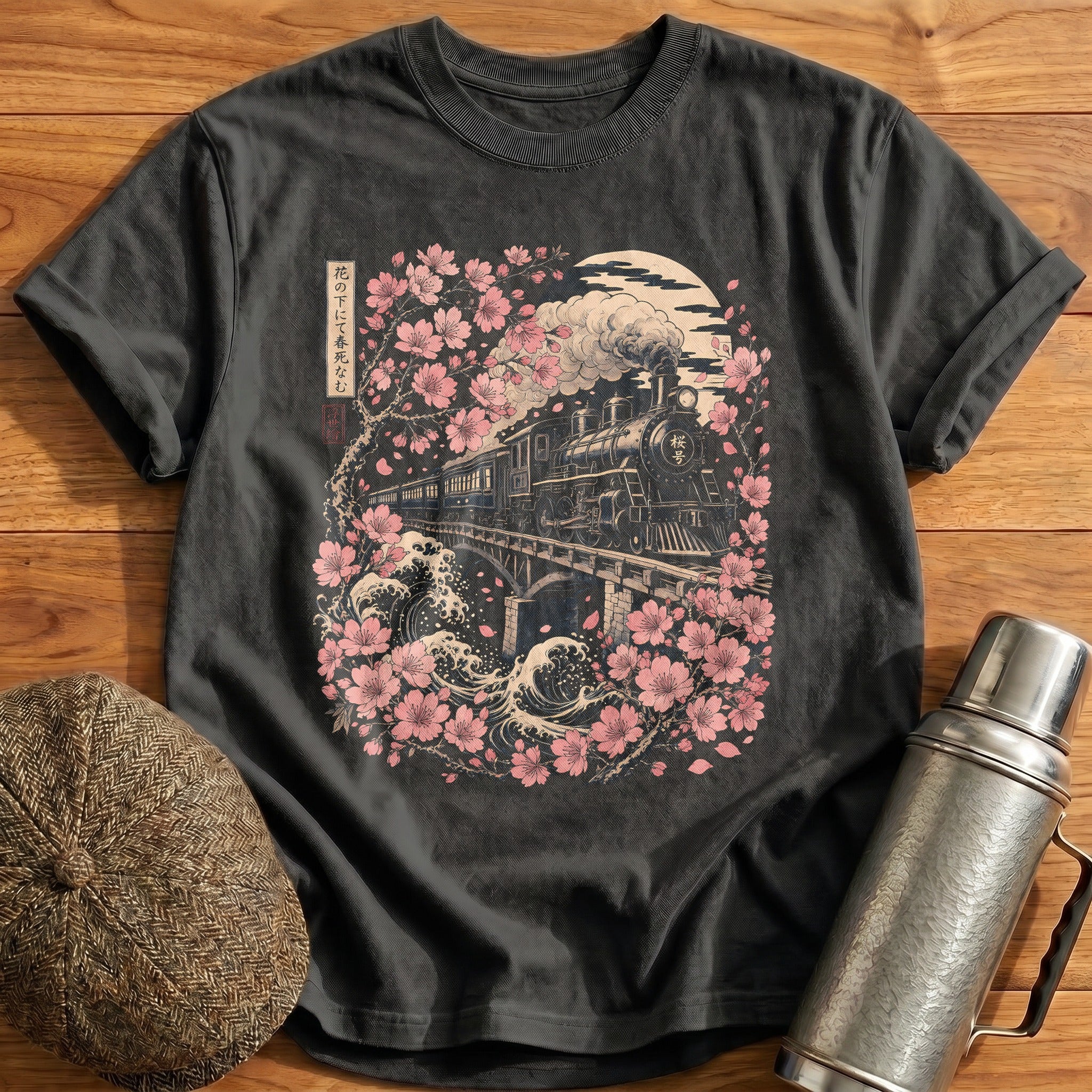 Steam Train Cherry Blossom Ukiyo E - Charcoal