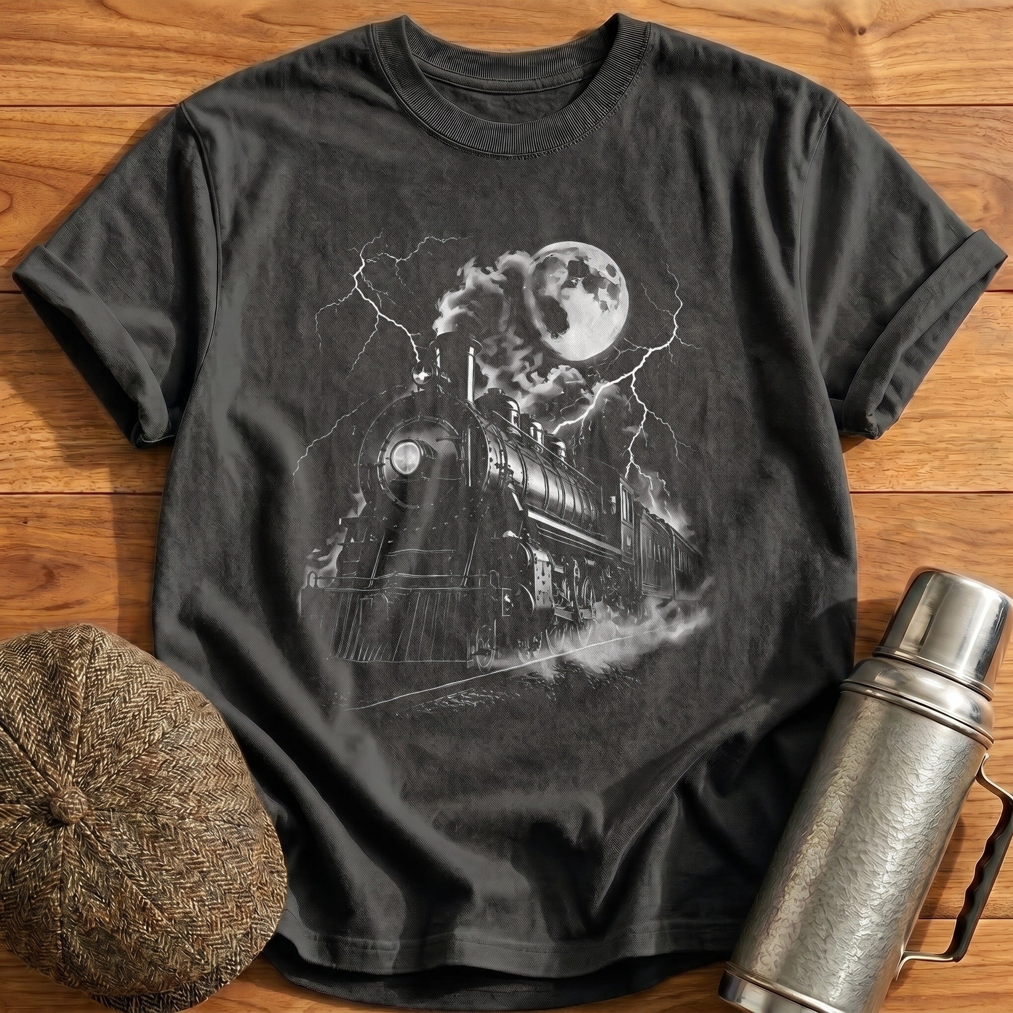 Steam Train Locomotive Moon Night - Charcoal