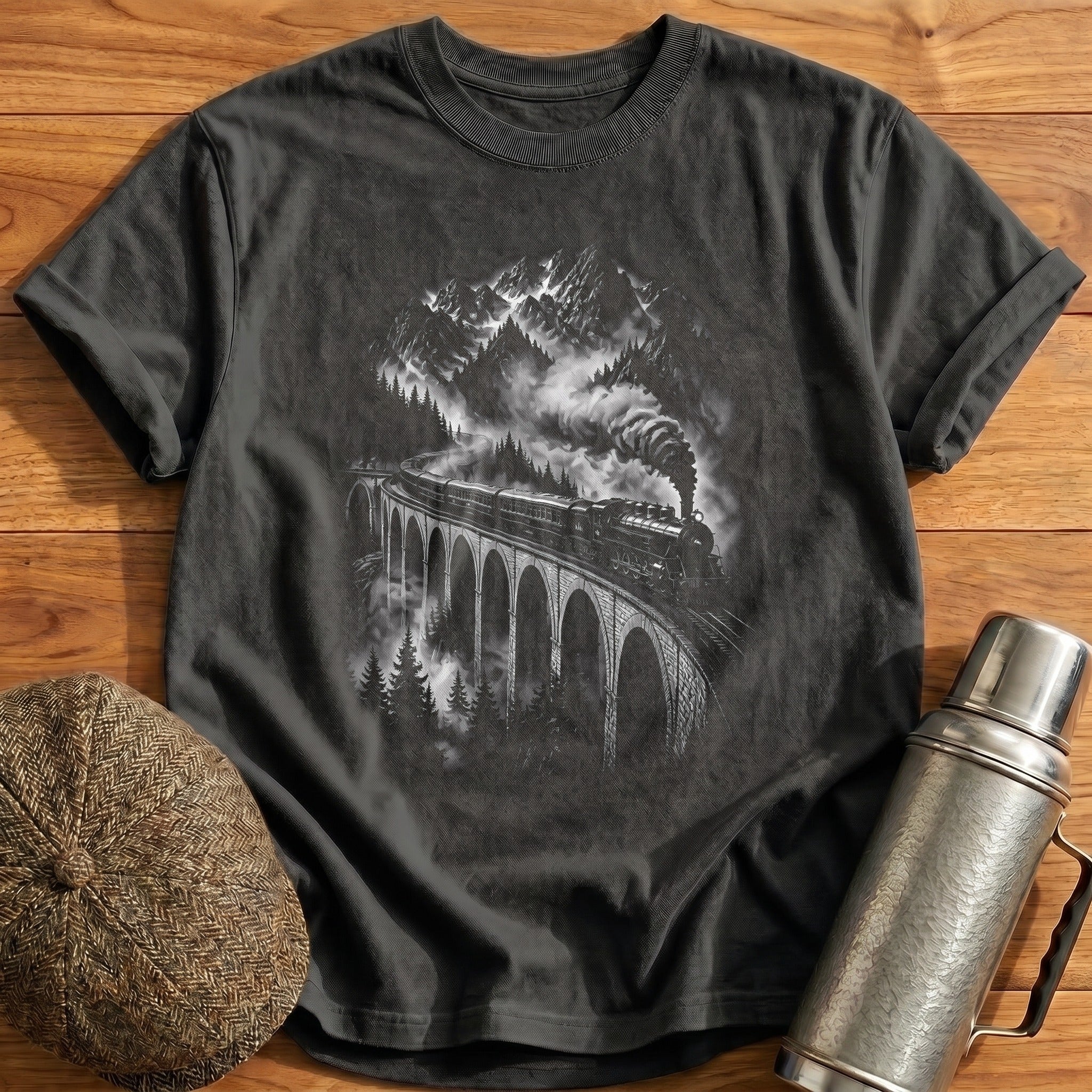 Steam Train Mountain Bridge Vintage - Charcoal