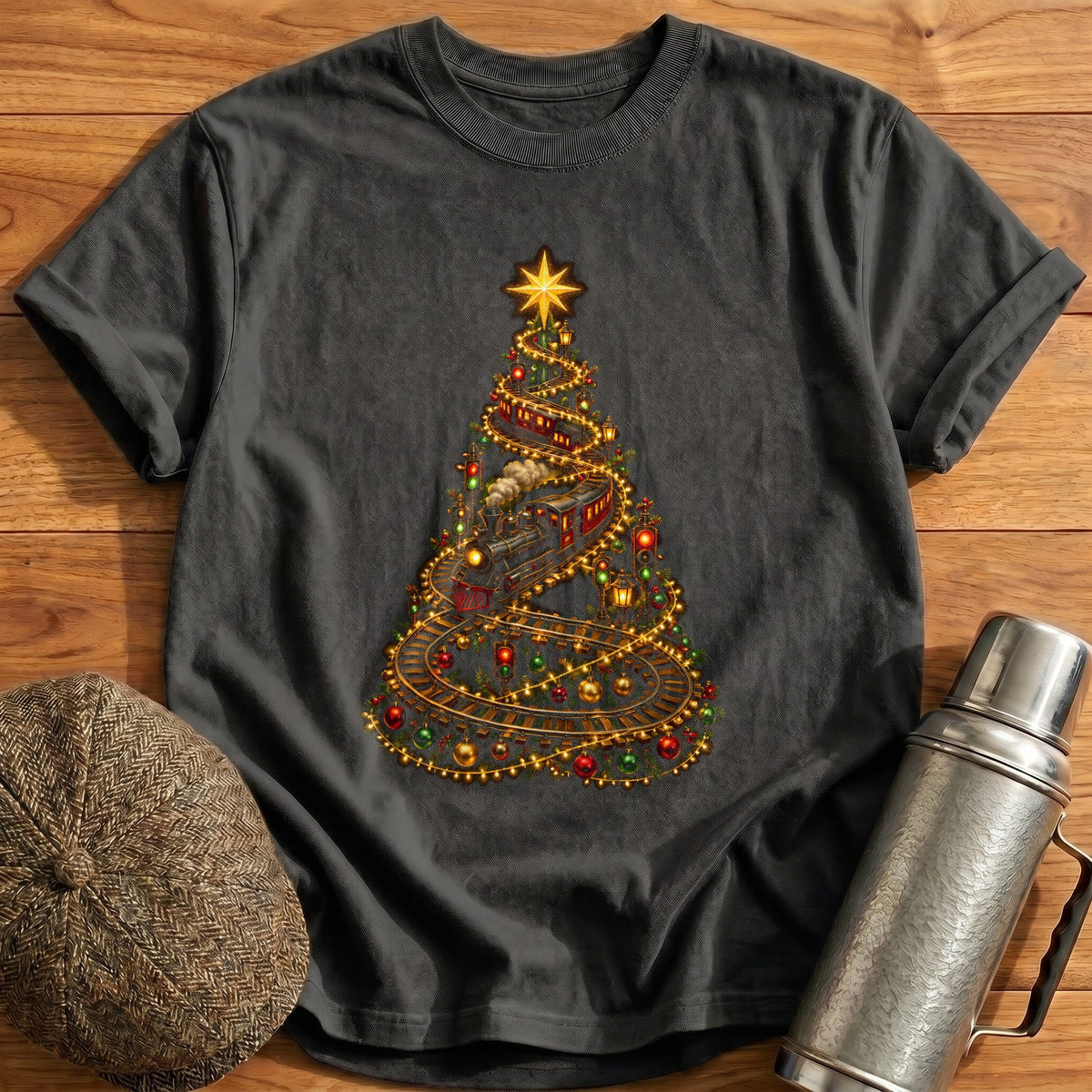 Train String Lights Tree 14 Kids T-Shirt - Charcoal