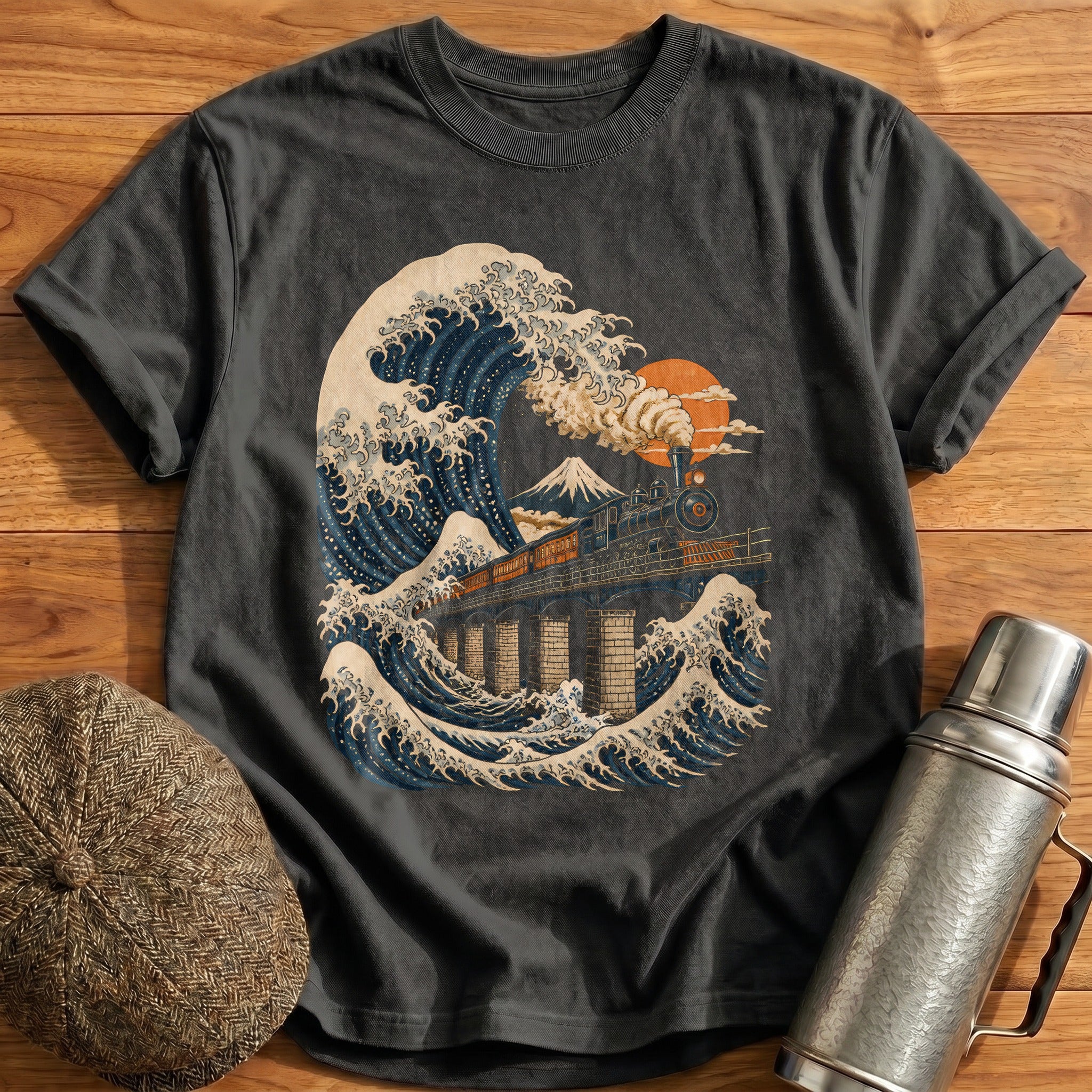 Train Wave Ukiyoe 96 T-Shirt - Charcoal