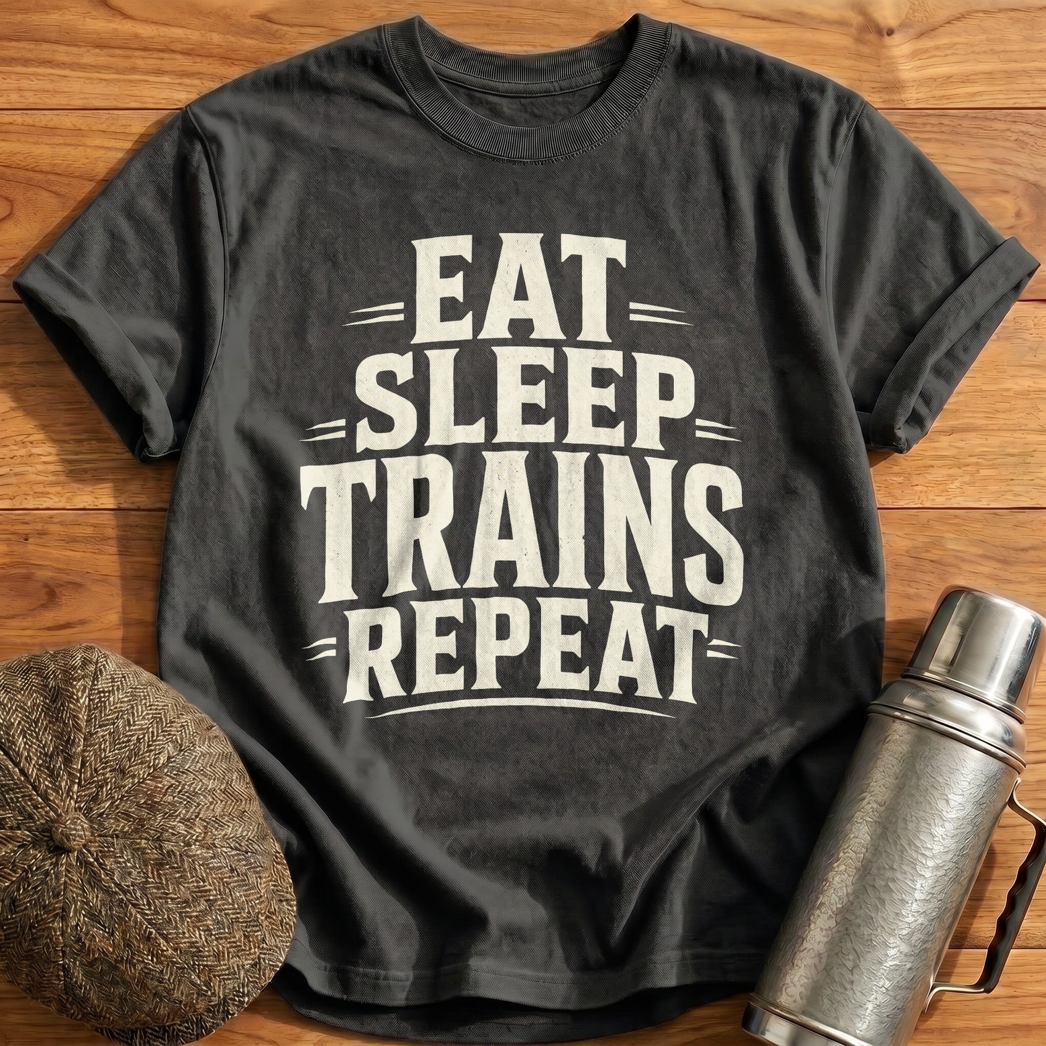 Eat Sleep Trains Repeat Type T-Shirt - Charcoal