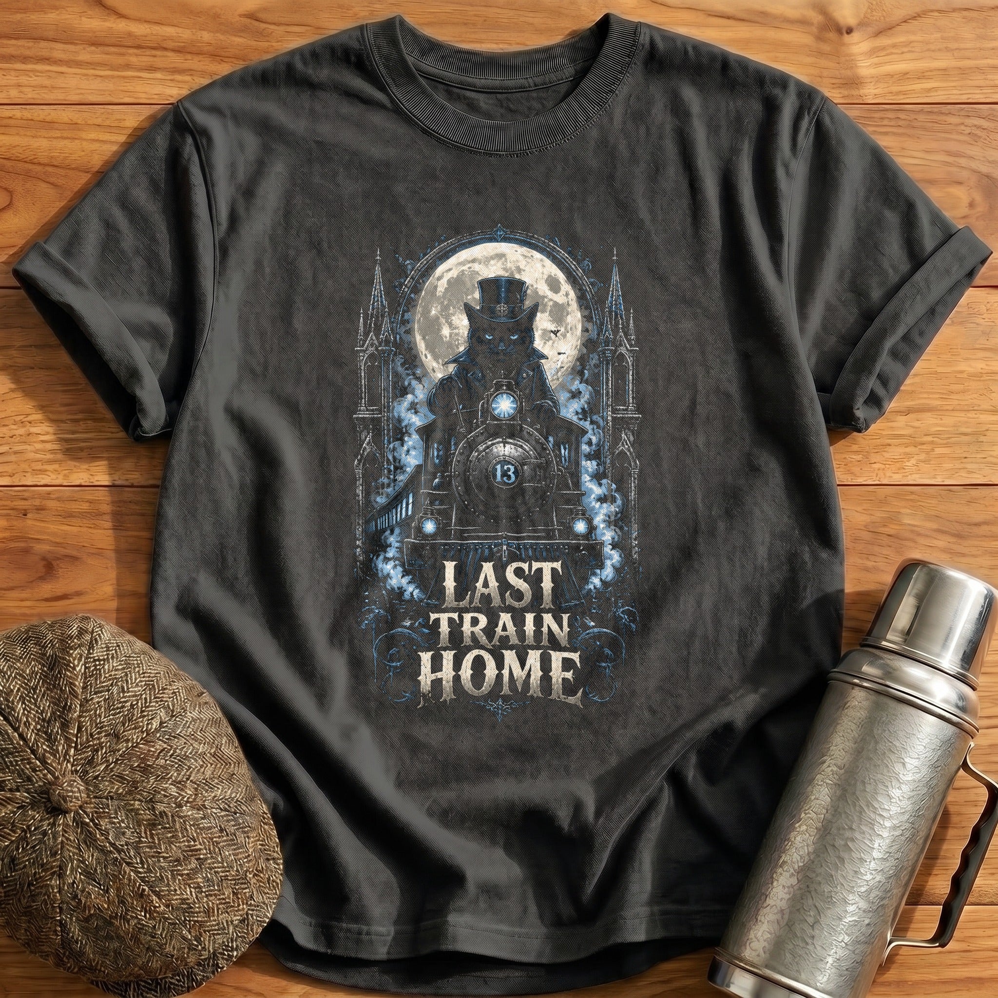 Gothic Cat Train T-Shirt - Charcoal