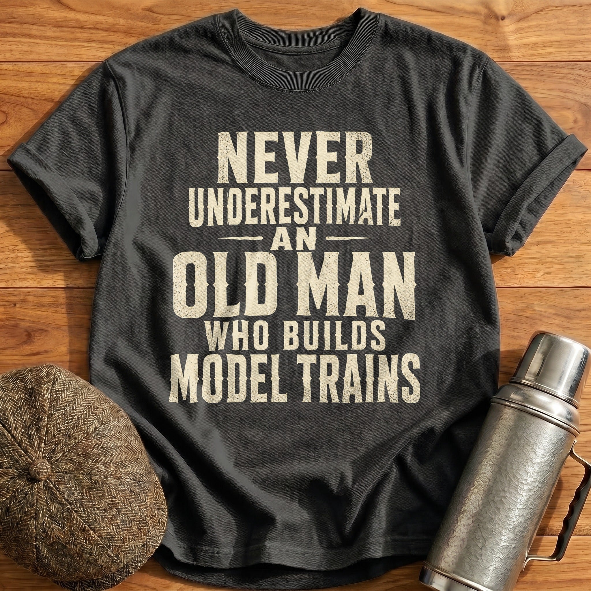 Never Underestimate Old Man Model Trains II T-Shirt - Charcoal
