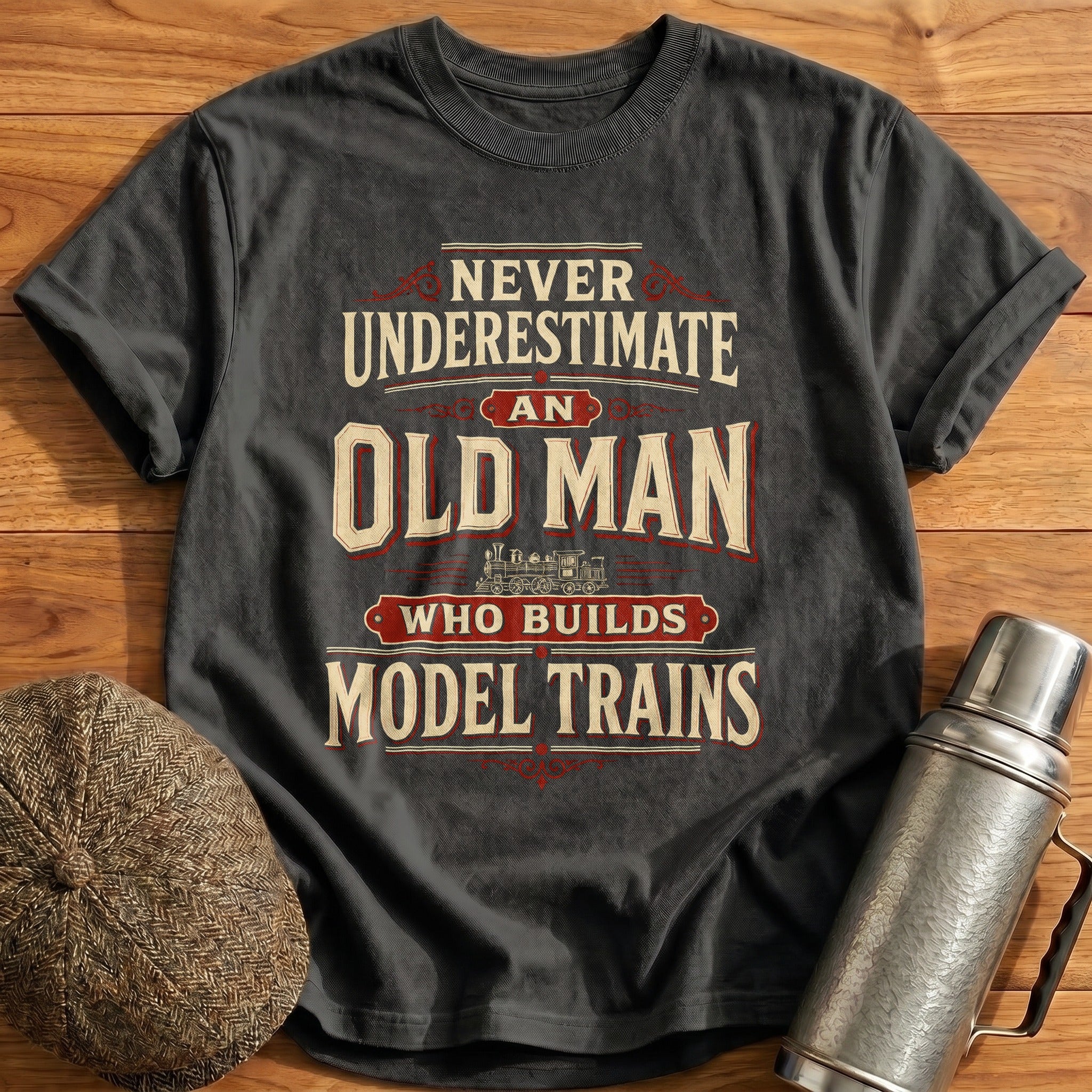 Never Underestimate Old Man Model Trains T-Shirt - Charcoal