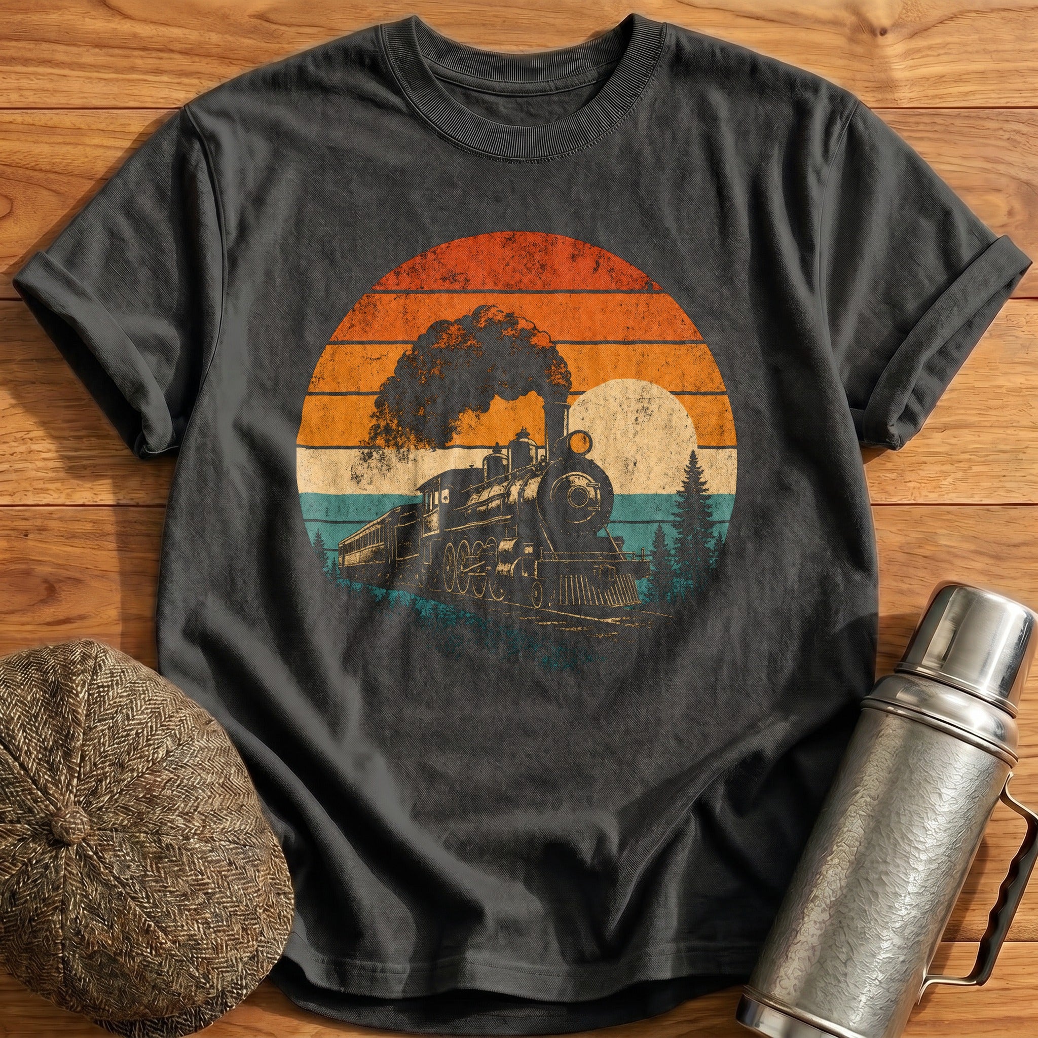 Retro Train Sunset T-Shirt - Charcoal
