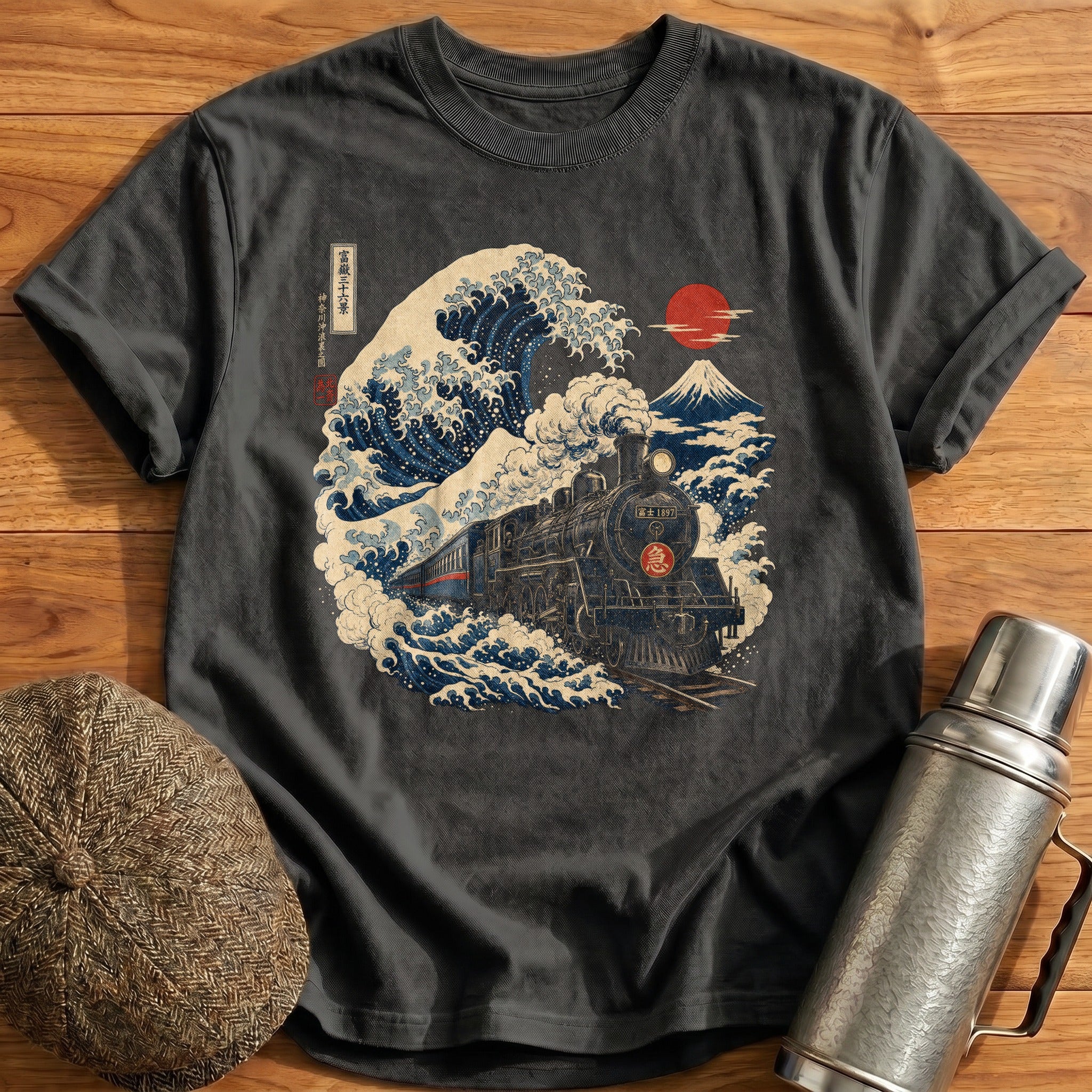 Ukiyoe Steam Train Wave T-Shirt - Charcoal