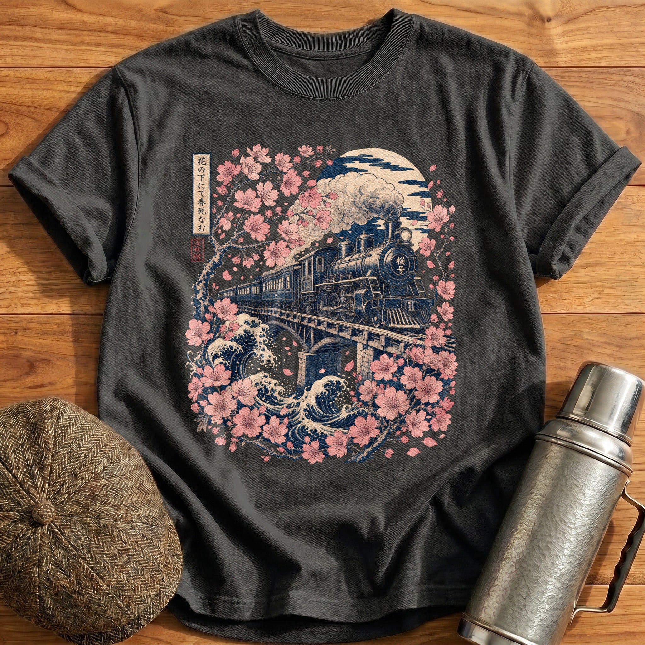 Ukiyoe Train Blossoms T-Shirt - Charcoal