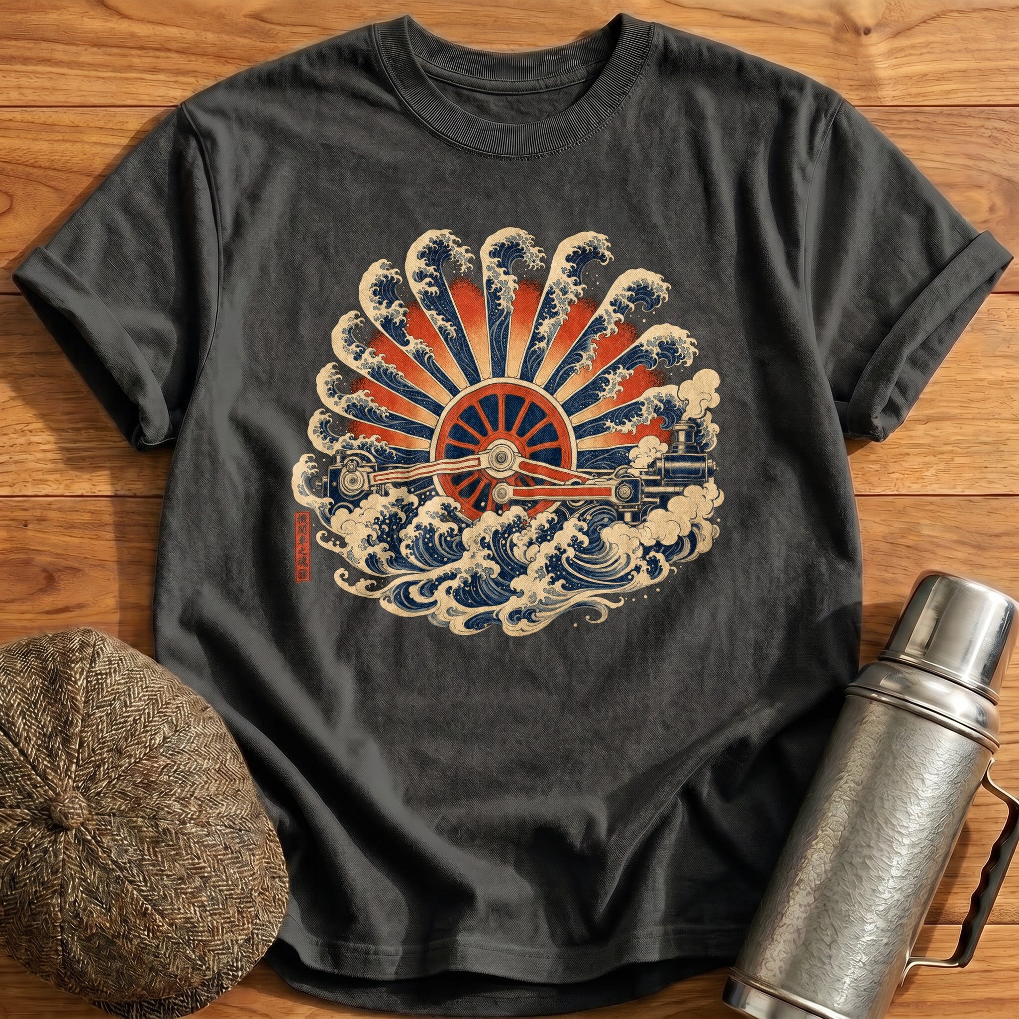 Ukiyoe Wheel Rising Sun T-Shirt - Charcoal