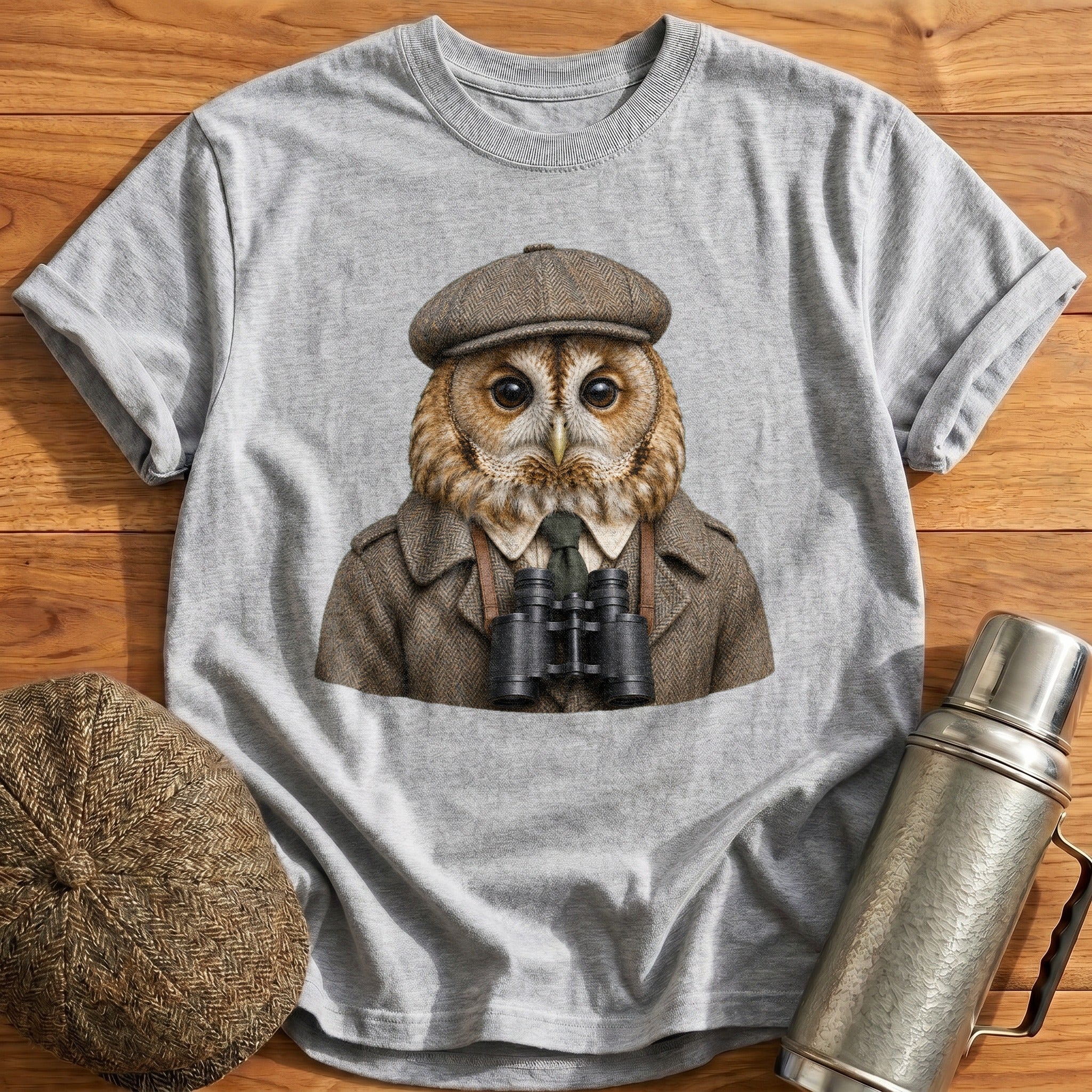 Tawny Owl Trainspotter With Binoculars T-Shirt - Sport Grey