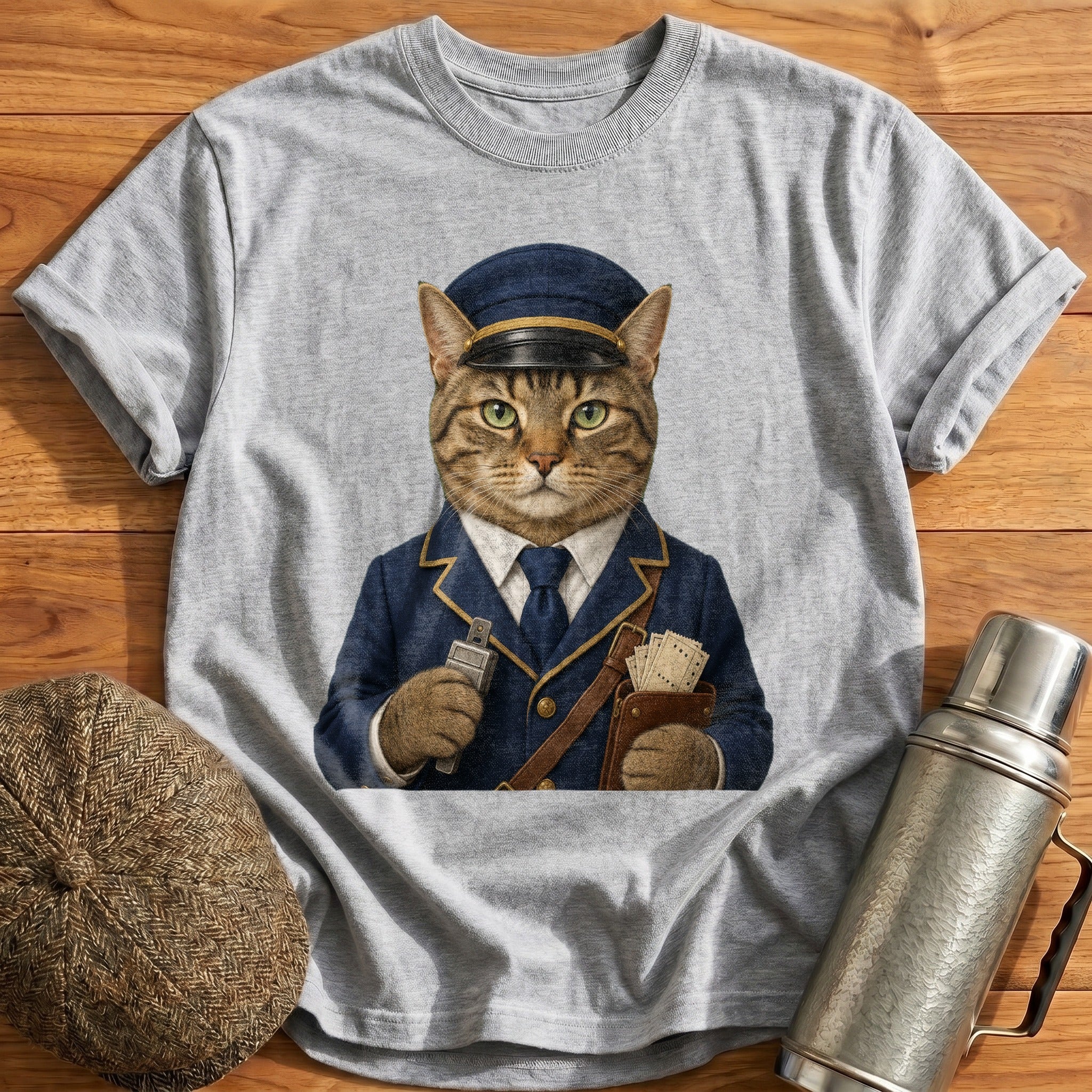 Tabby Cat Ticket Inspector T-Shirt - Sport Grey