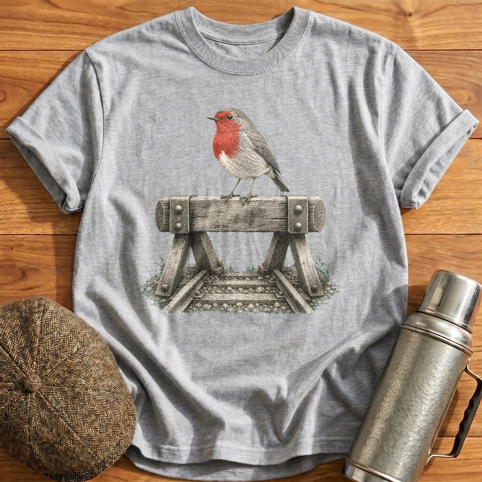 Robin Perched On A Buffer Stop T-Shirt - Sport Grey