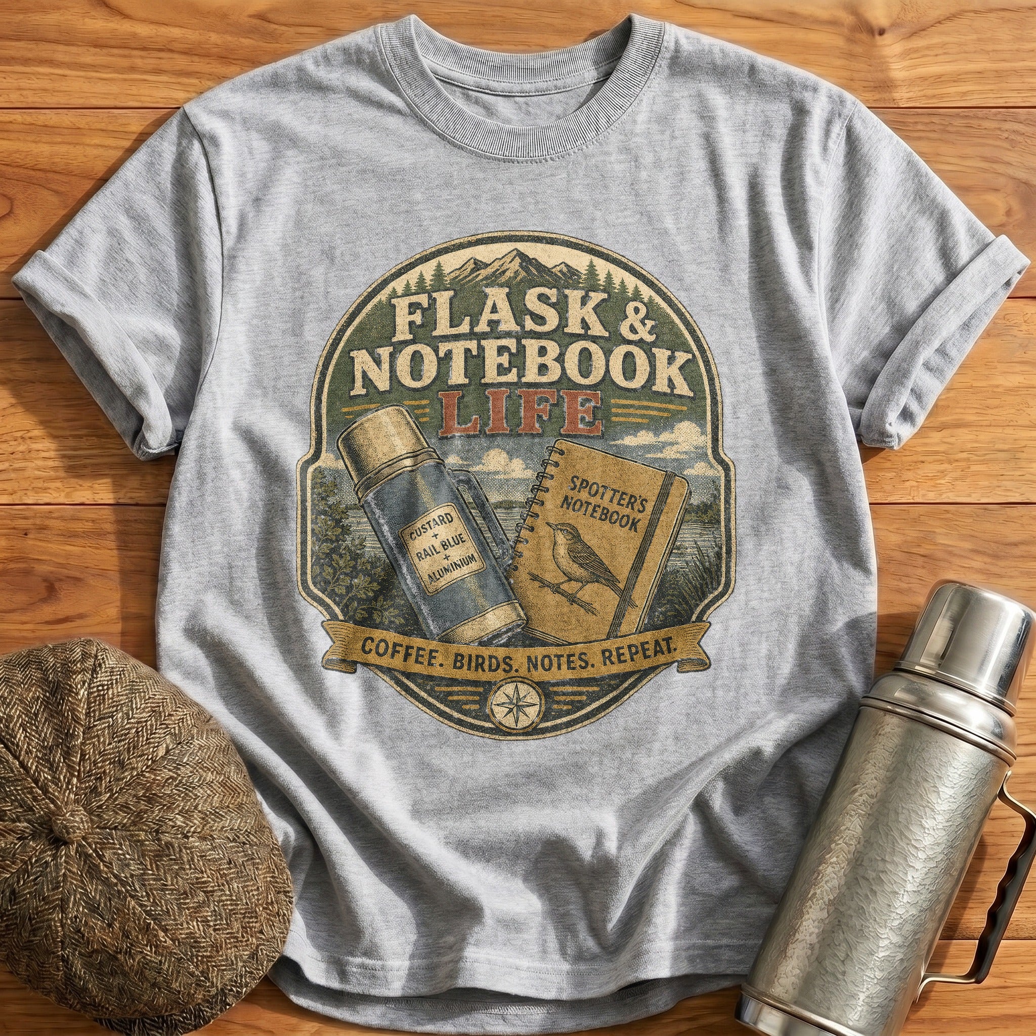 Coffee, Birds, Notes, Repeat T-Shirt - Sport Grey
