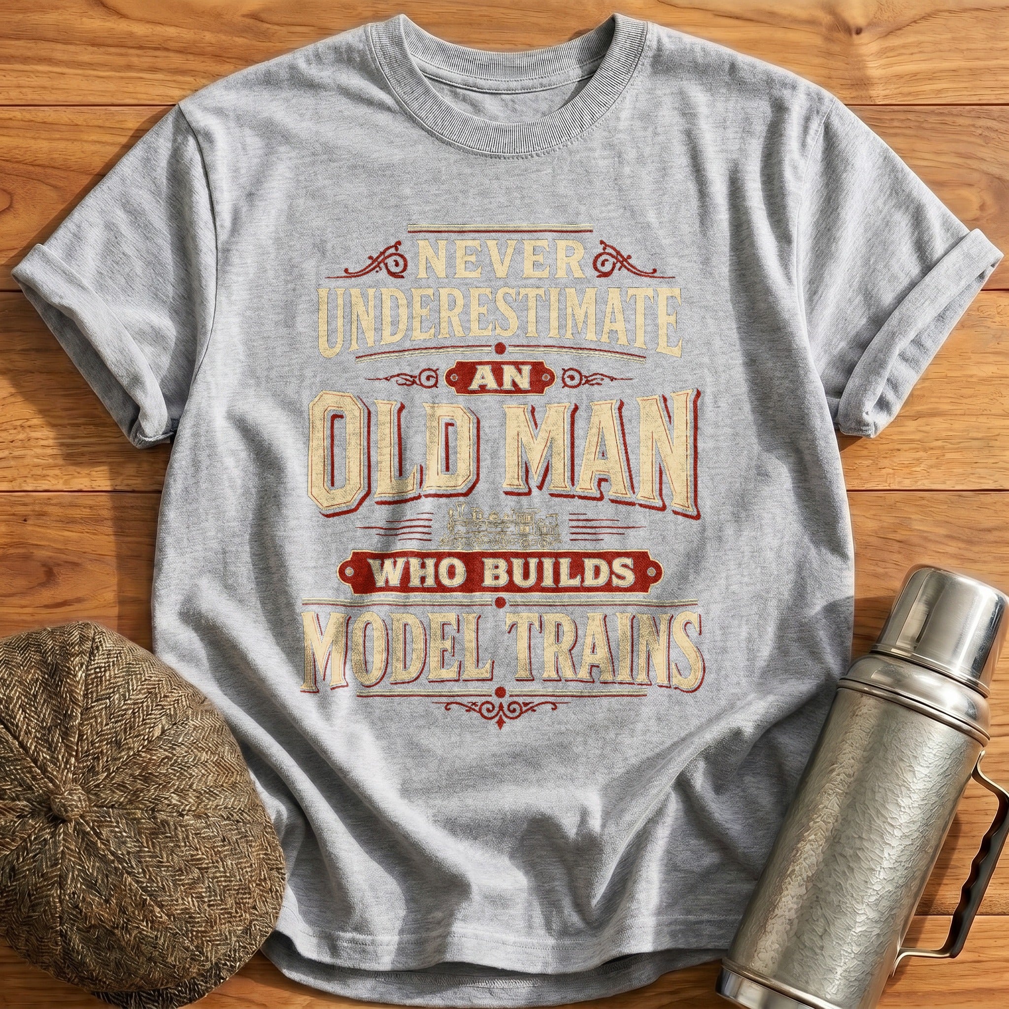 Never Underestimate Old Man Model Trains T-Shirt - Sport Grey