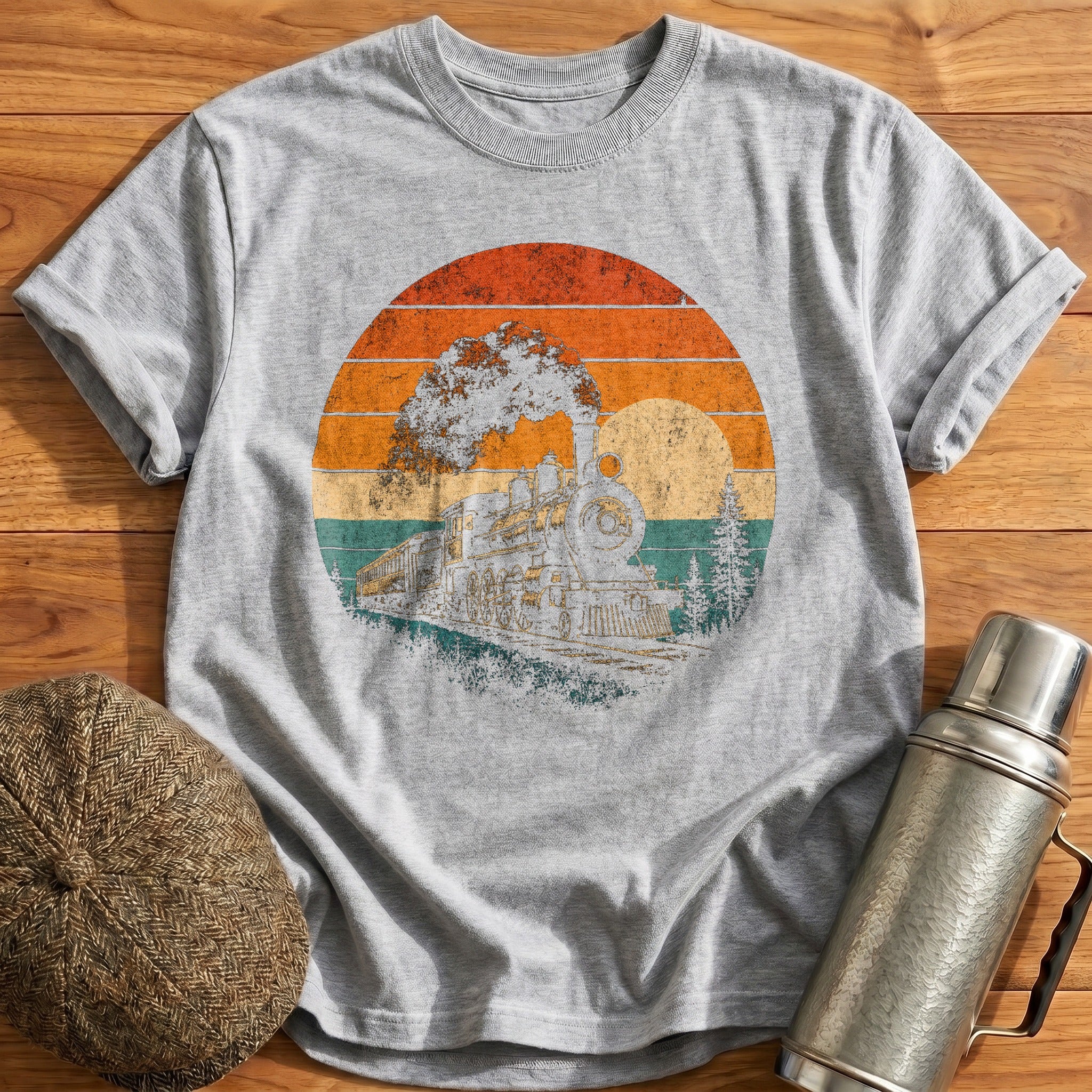 Retro Train Sunset T-Shirt - Sport Grey