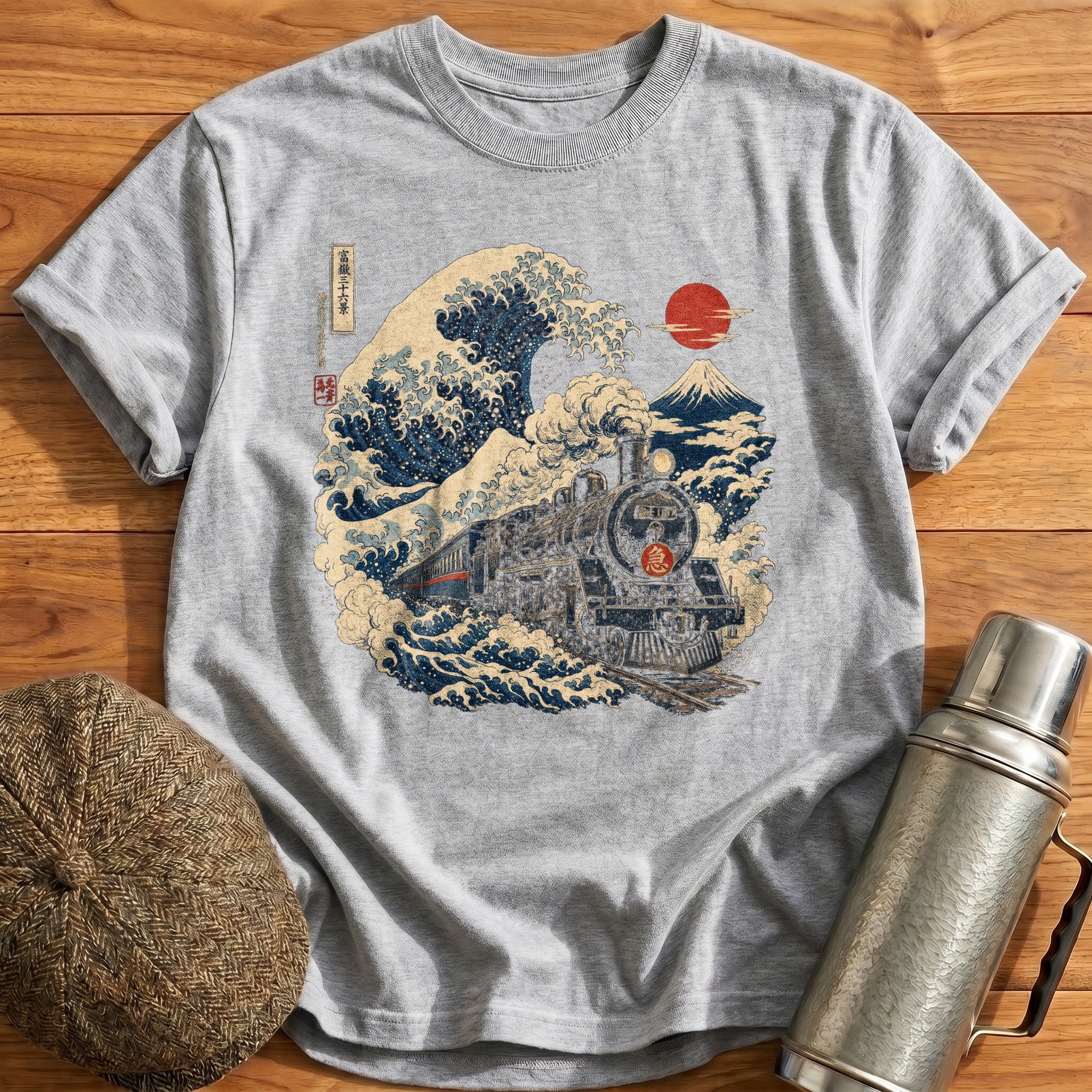 Ukiyoe Steam Train Wave T-Shirt - Sport Grey