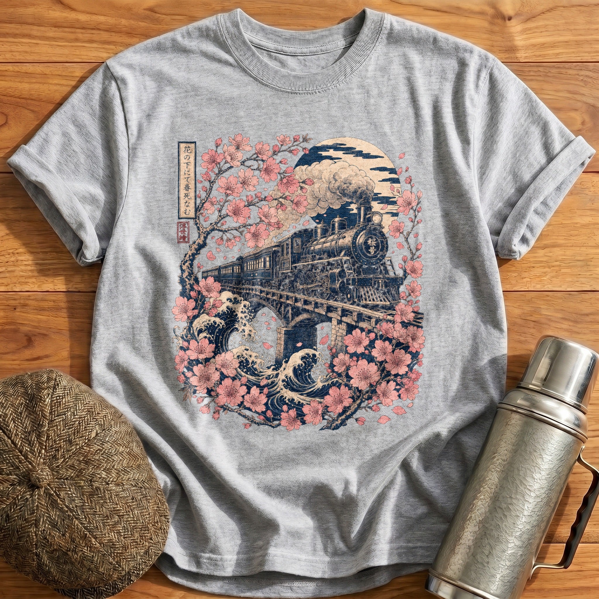 Ukiyoe Train Blossoms T-Shirt - Sport Grey