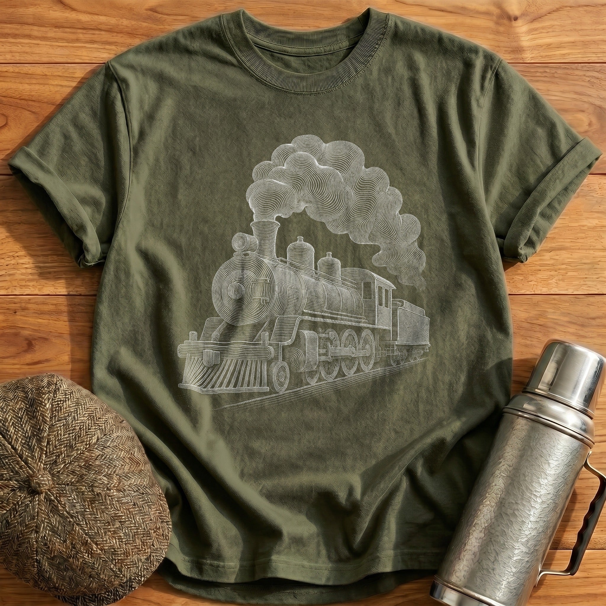 Steam Locomotive With Billowing Smoke T-Shirt - Military Green