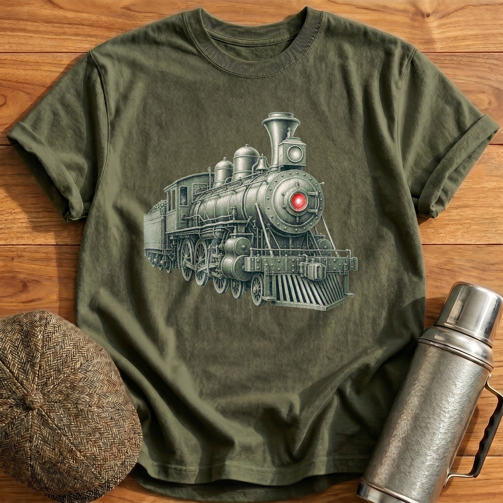 Steam Locomotive Front Three-Quarter T-Shirt - Military Green