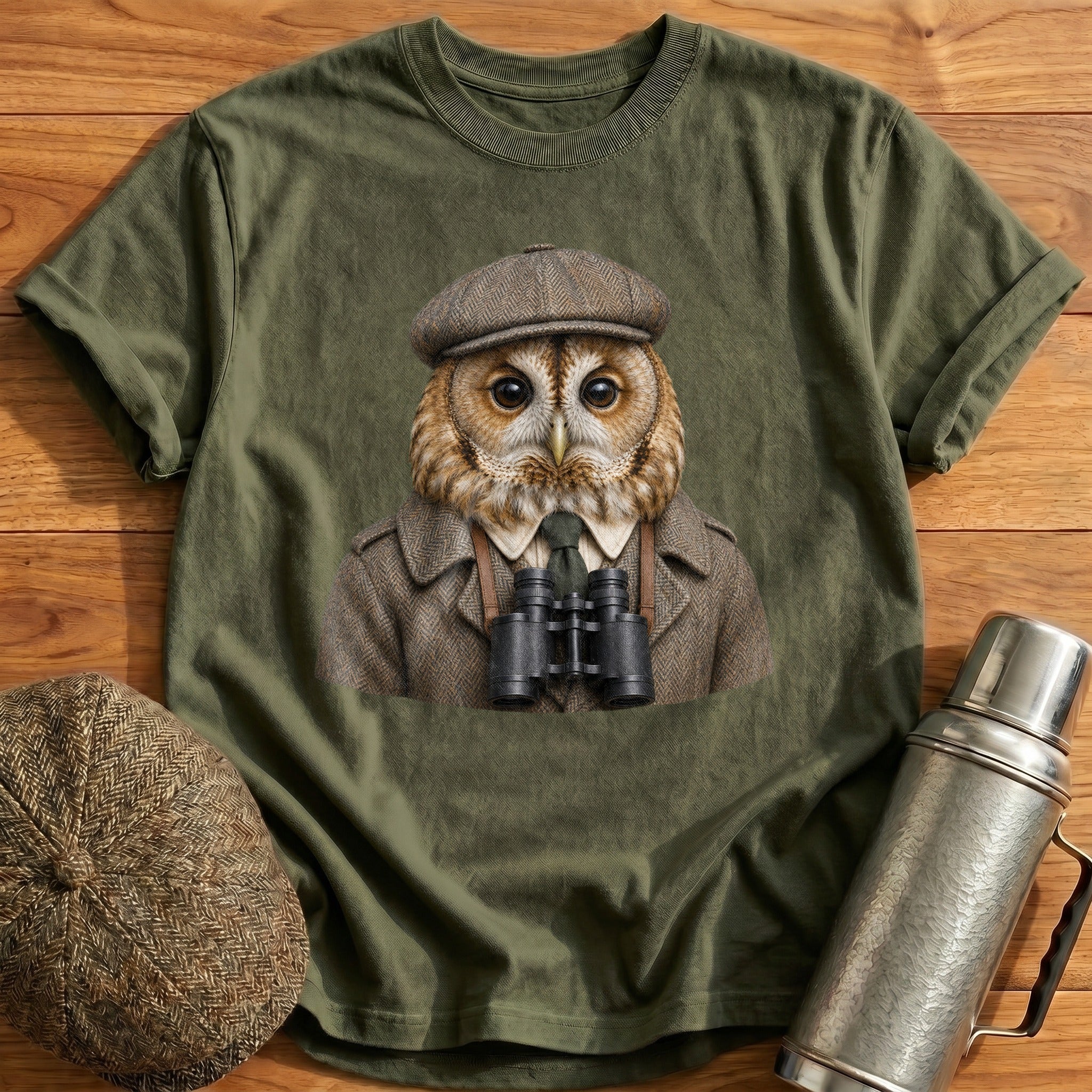 Tawny Owl Trainspotter With Binoculars T-Shirt - Military Green
