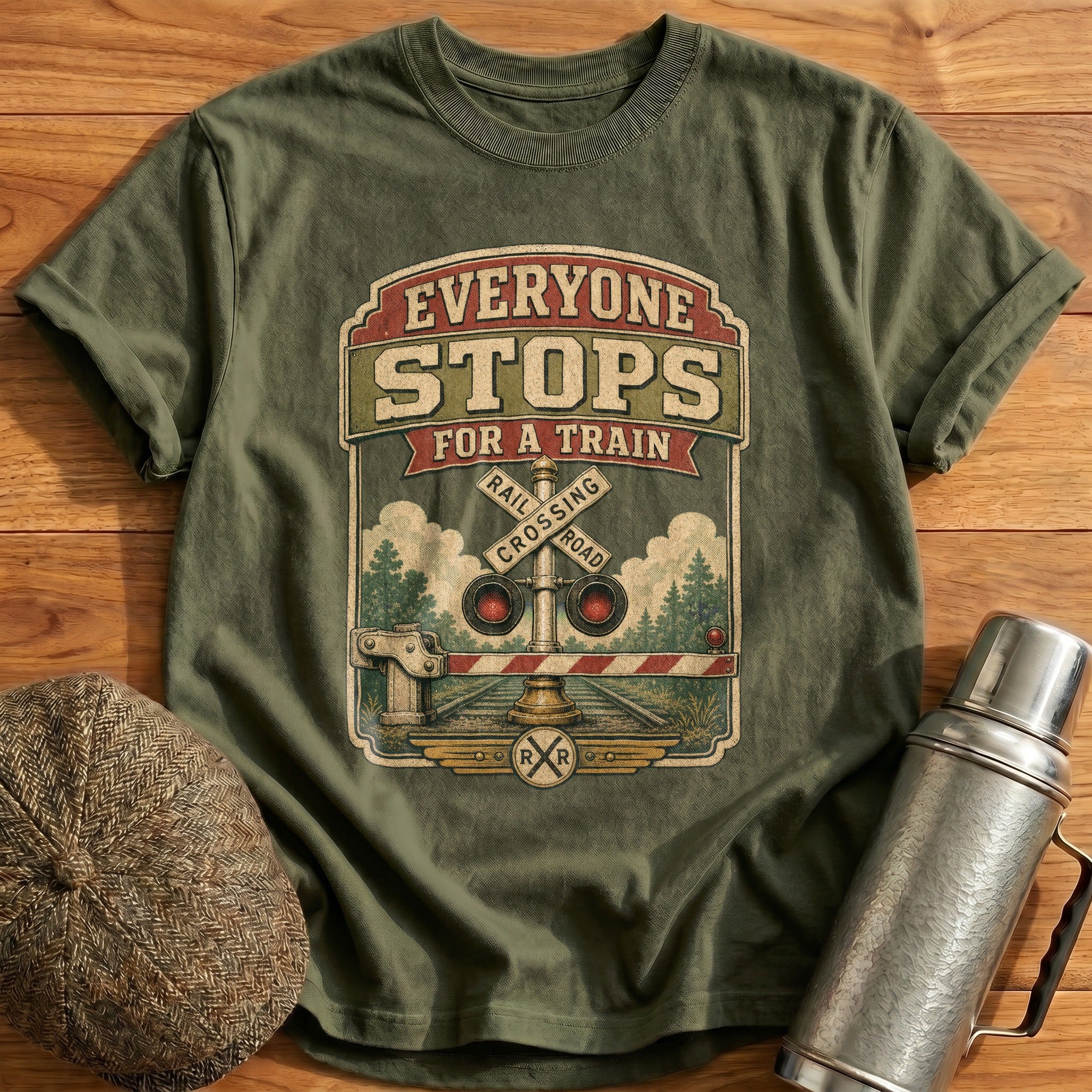 Everyone Stops for a Train T-Shirt - Military Green