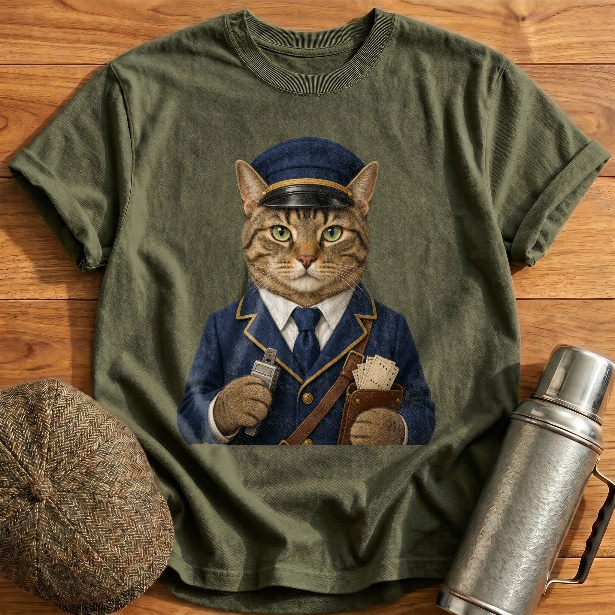 Tabby Cat Ticket Inspector T-Shirt - Military Green