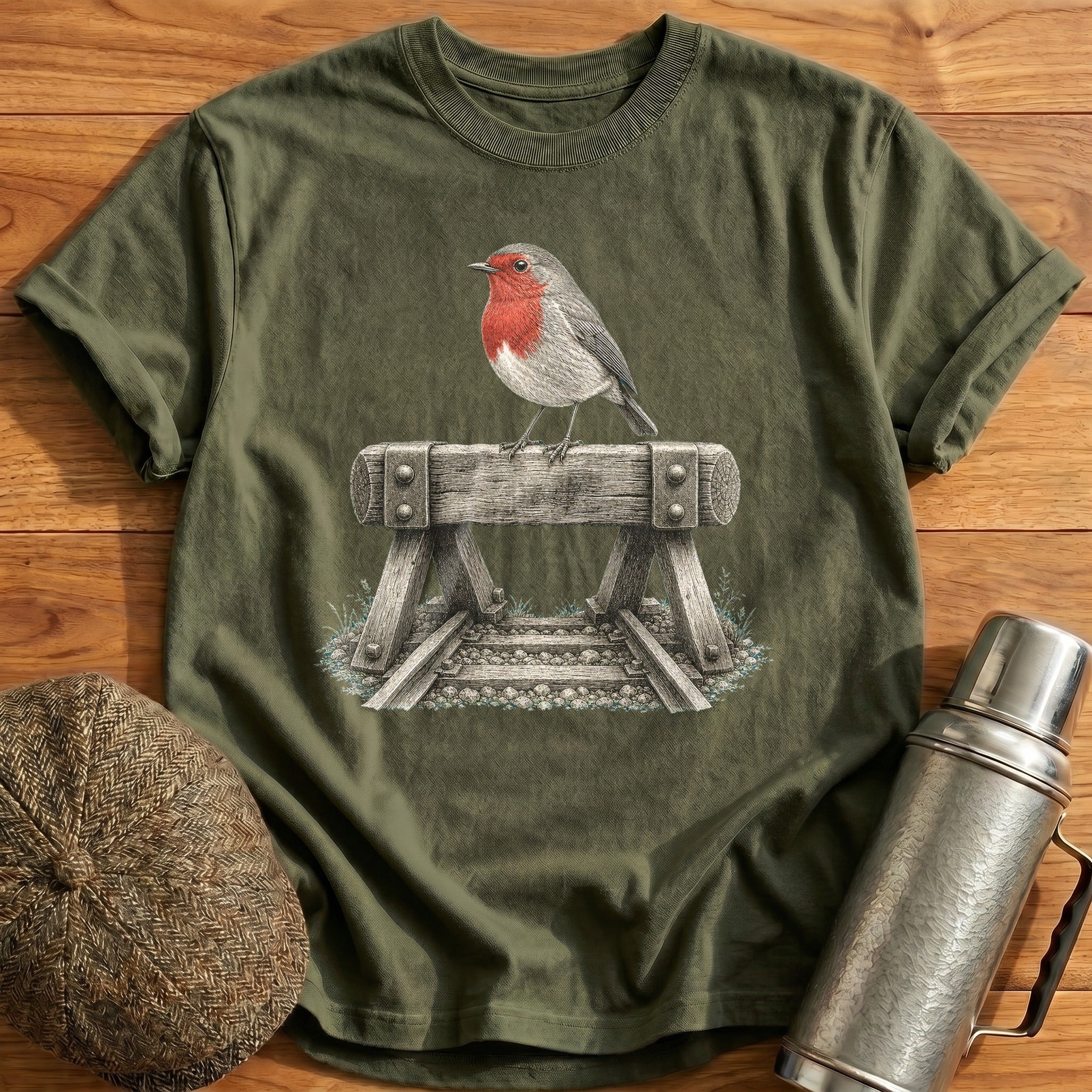 Robin Perched On A Buffer Stop T-Shirt - Military Green