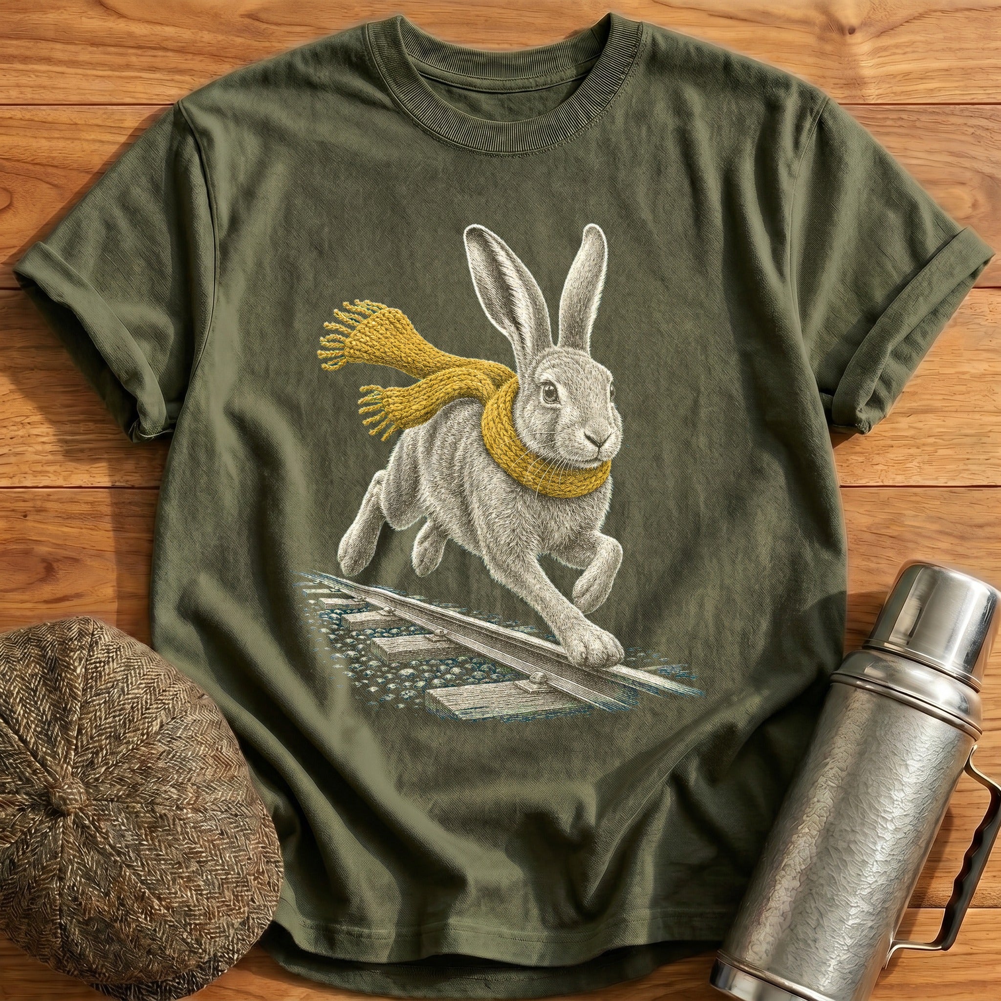 Hare Running Beside The Rails T-Shirt - Military Green