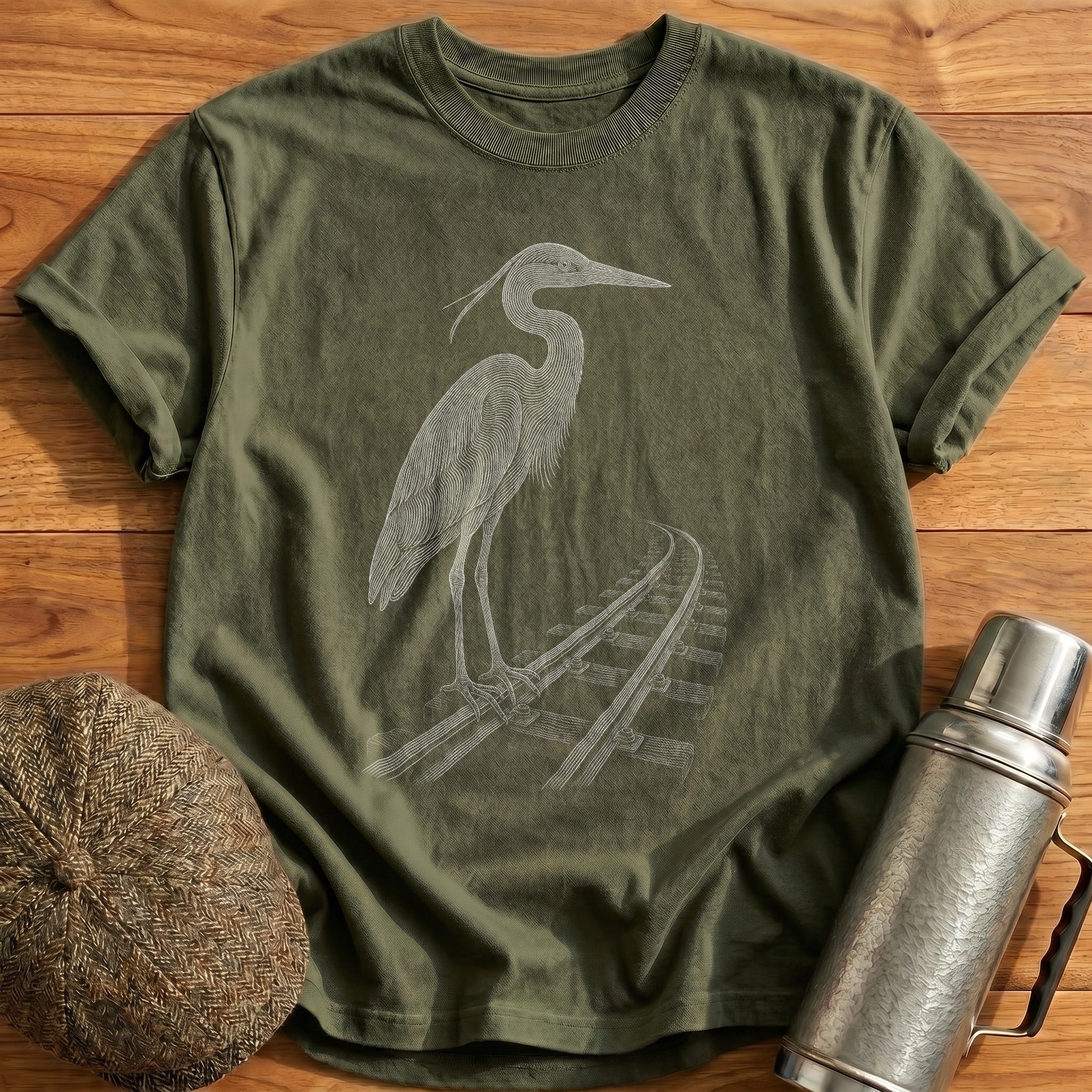 Heron By The Tracks T-Shirt - Military Green