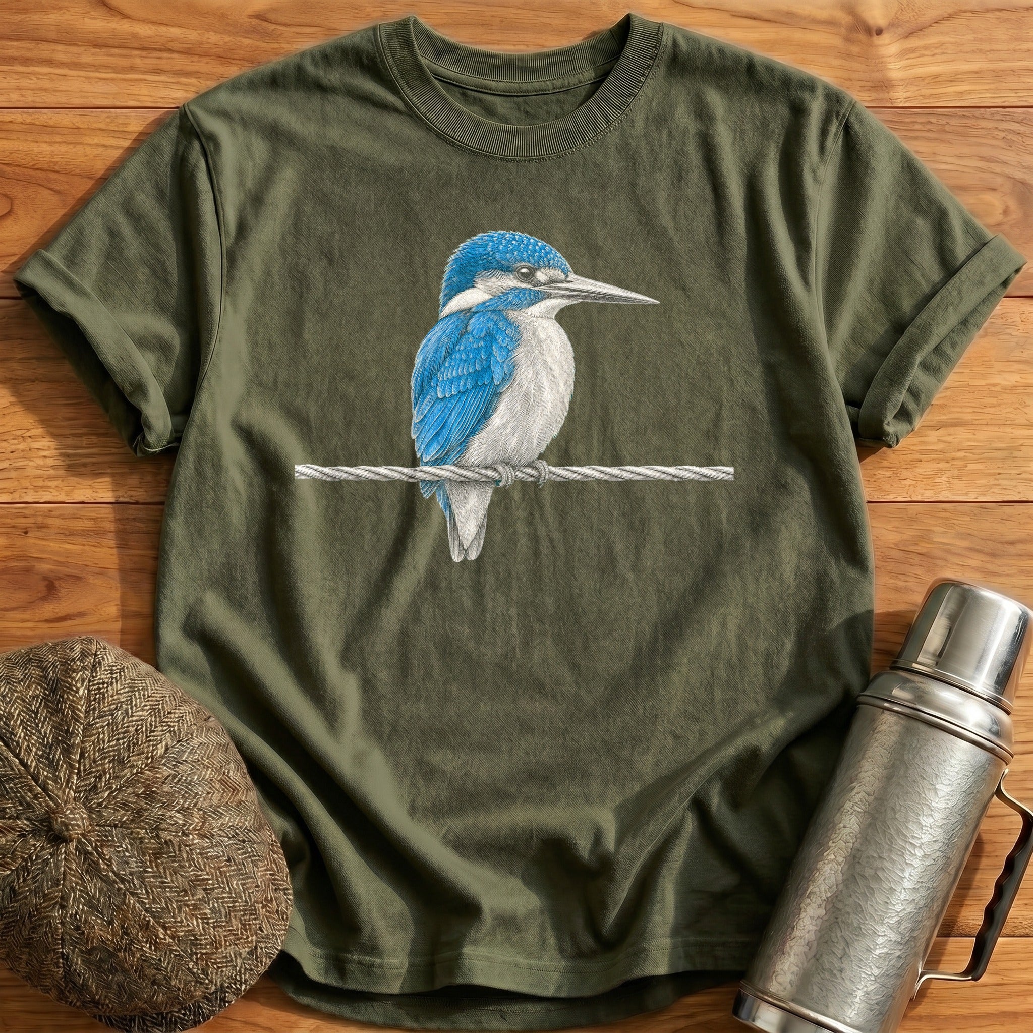 Kingfisher On A Signal Wire T-Shirt - Military Green