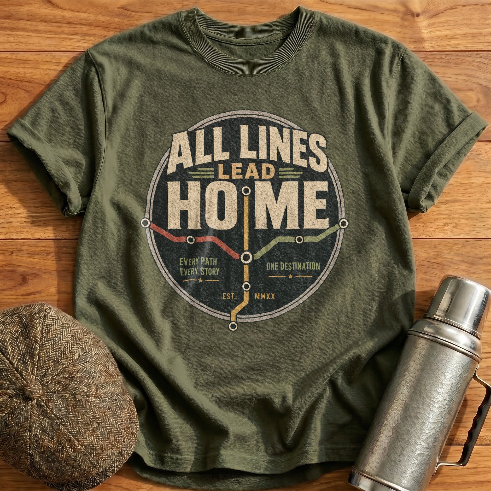 All Lines Lead Home T-Shirt - Military Green