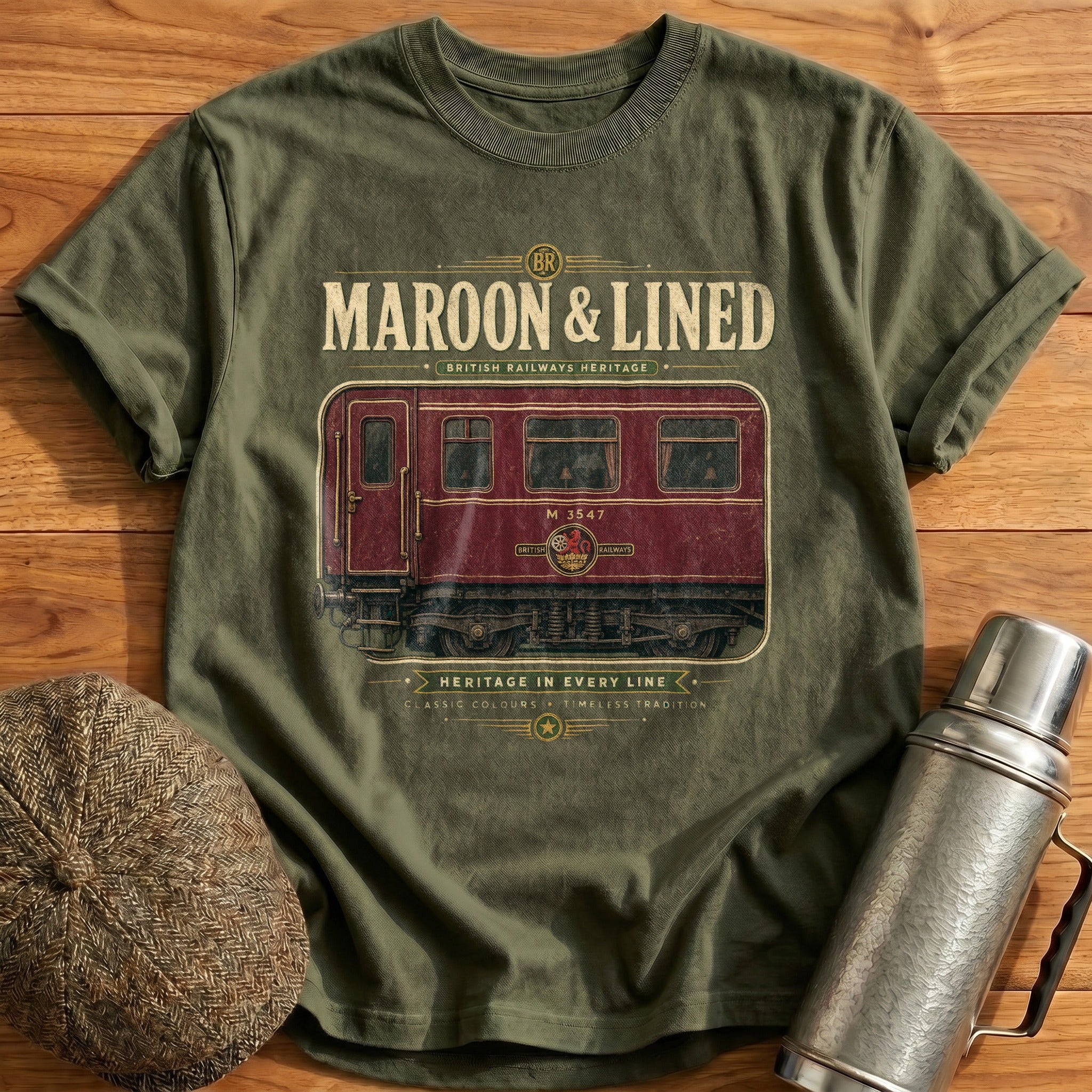 Maroon & Lined T-Shirt - Military Green