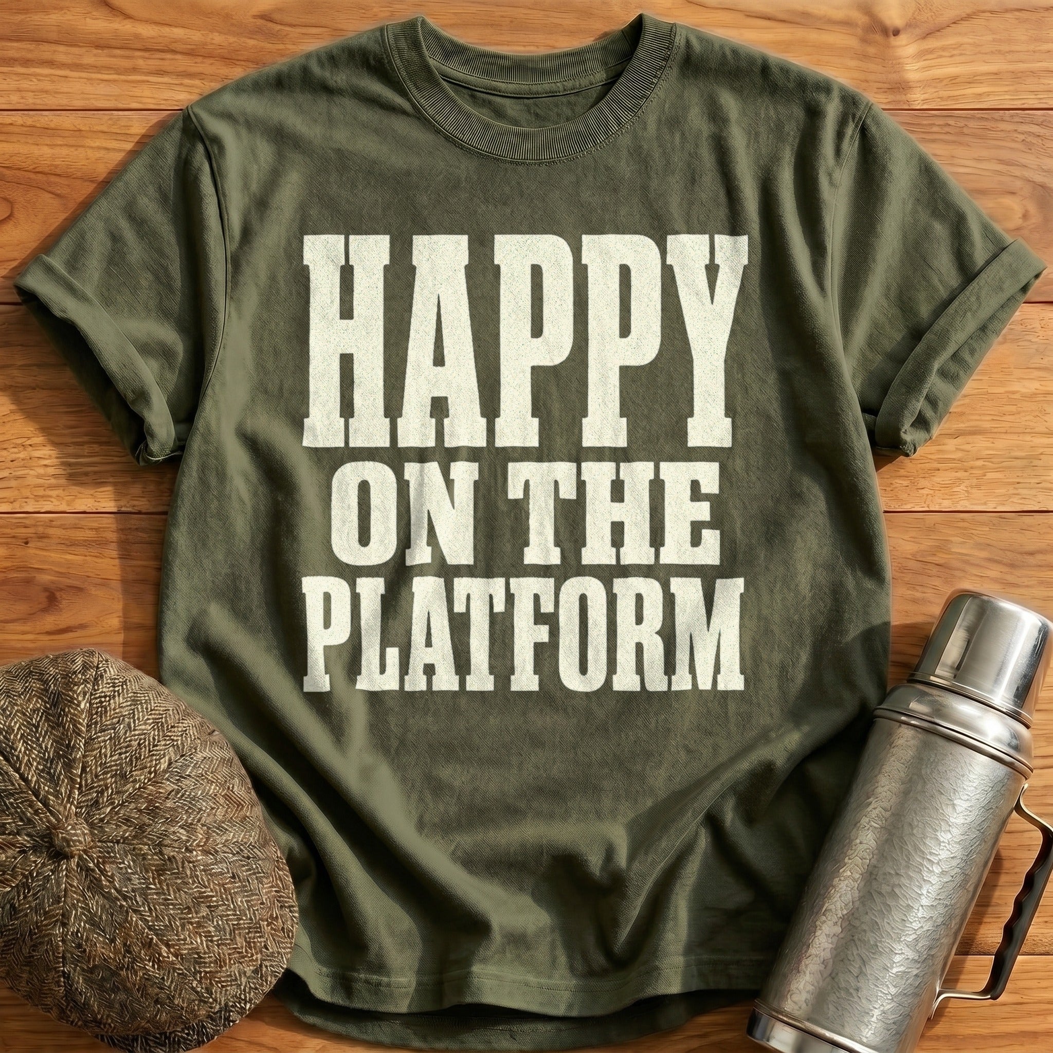 Happy on the Platform T-Shirt - Military Green