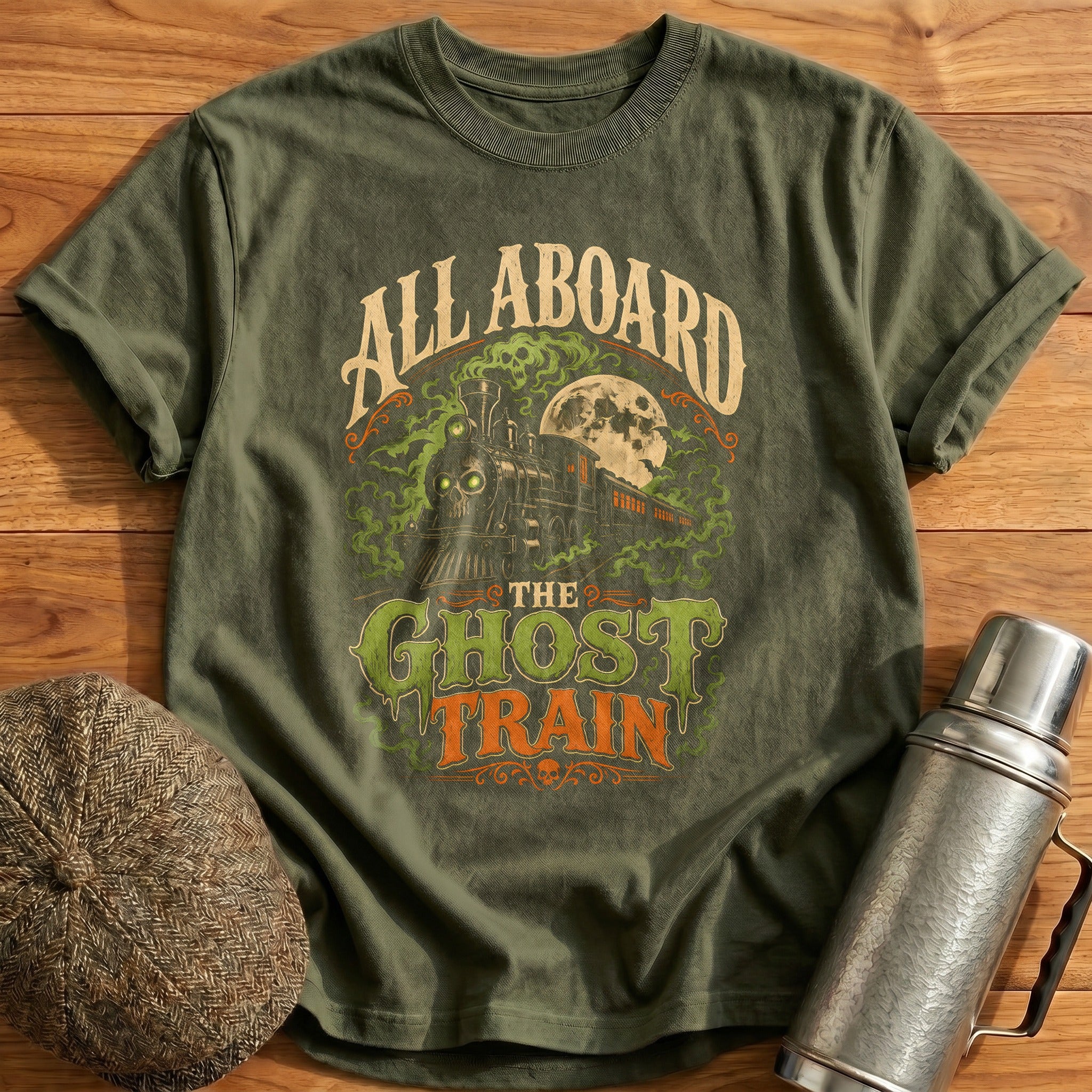All Aboard The Ghost Train T-Shirt - Military Green
