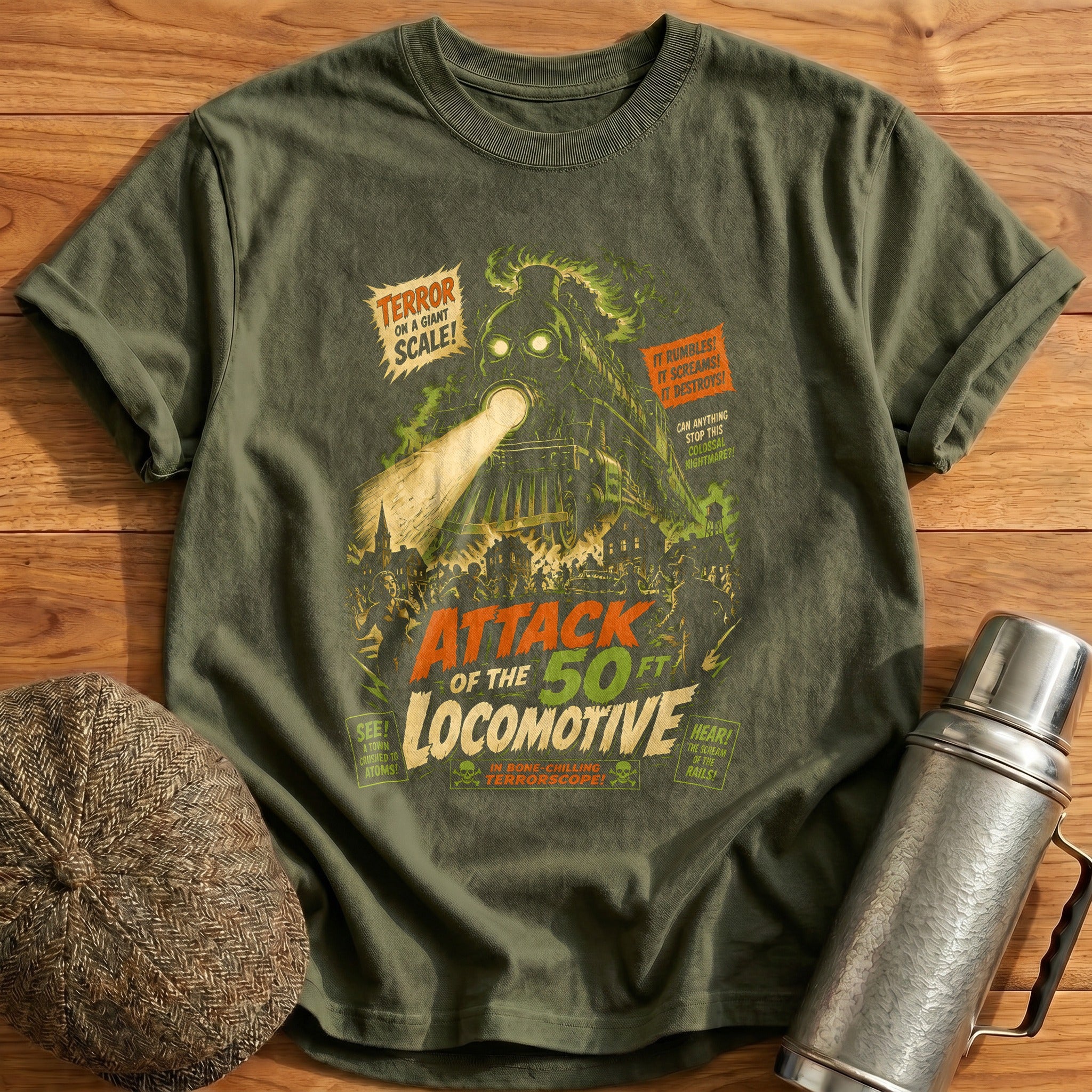 Attack Of The 50 Ft Locomotive T-Shirt - Military Green
