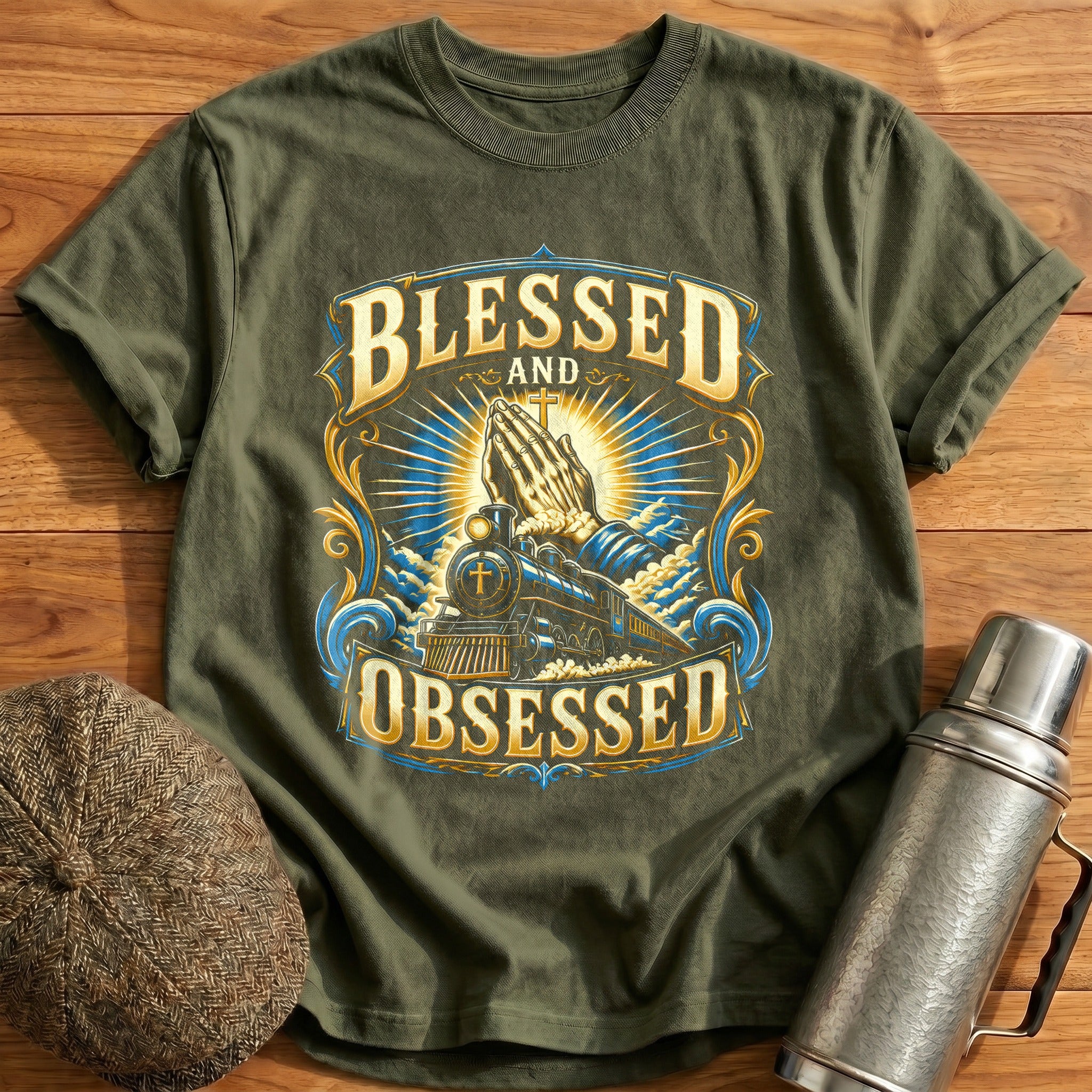 Blessed And Obsessed Train Lover Funny - Military Green